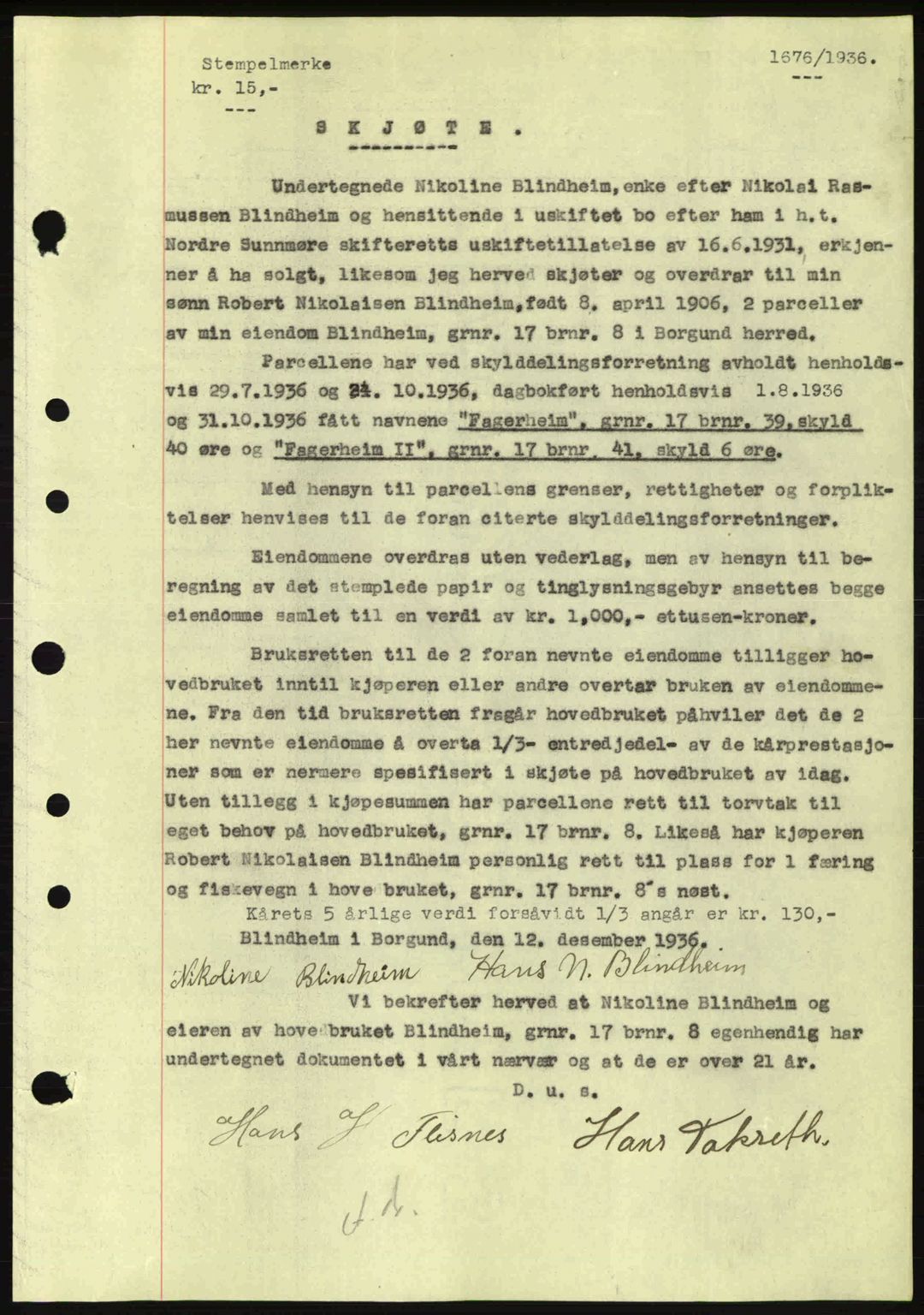 Nordre Sunnmøre sorenskriveri, AV/SAT-A-0006/1/2/2C/2Ca: Mortgage book no. A2, 1936-1937, Diary no: : 1676/1936