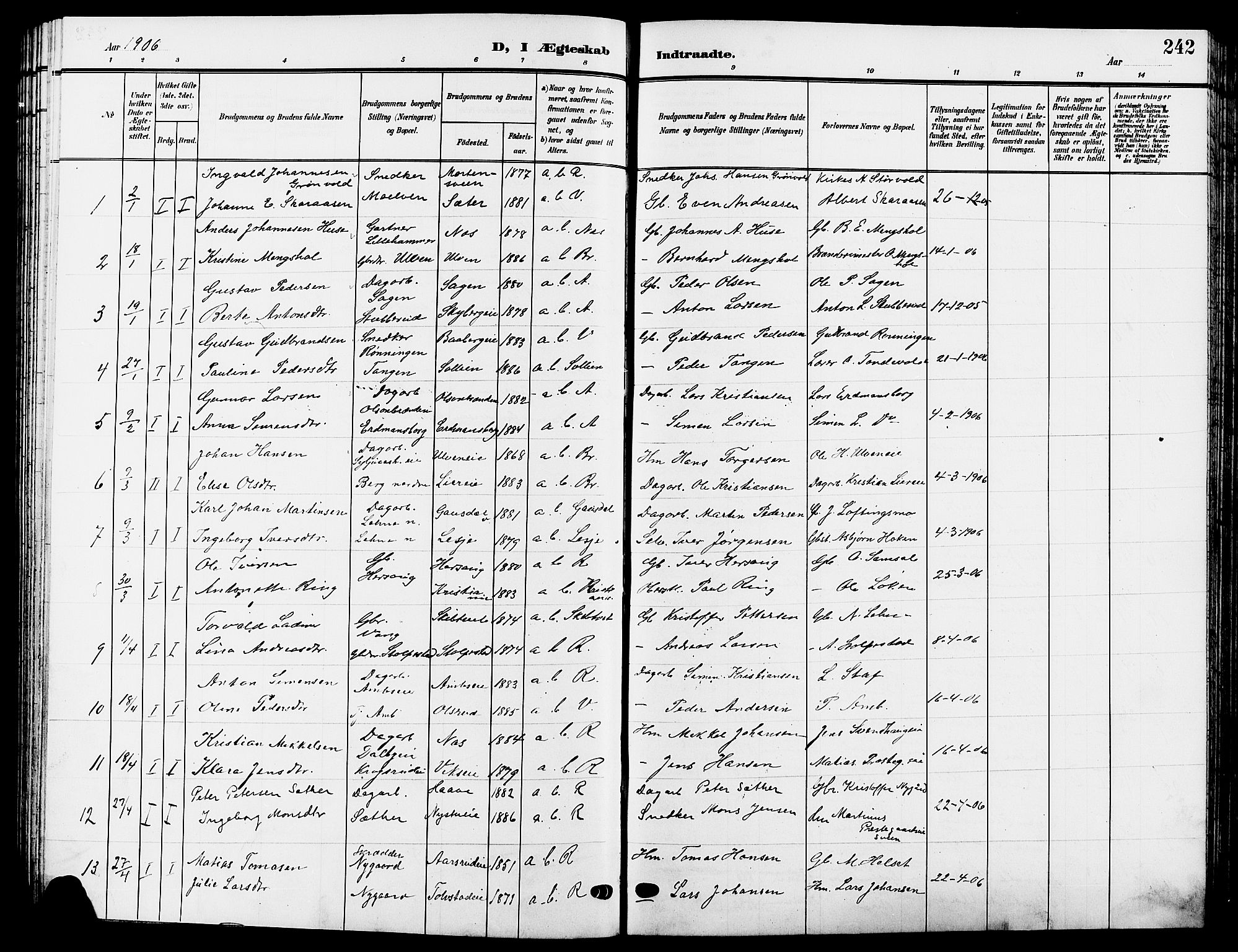 Ringsaker prestekontor, SAH/PREST-014/L/La/L0015: Parish register (copy) no. 15, 1903-1912, p. 242
