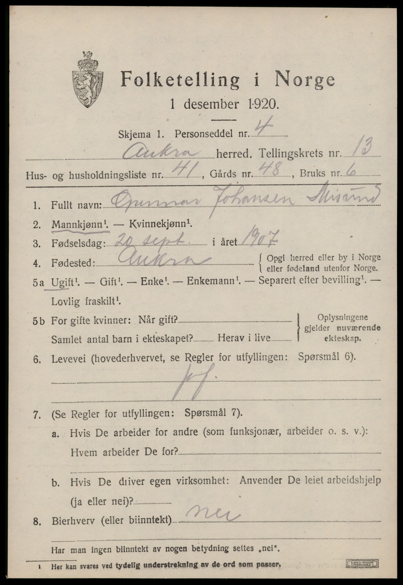 SAT, 1920 census for Aukra, 1920, p. 6155