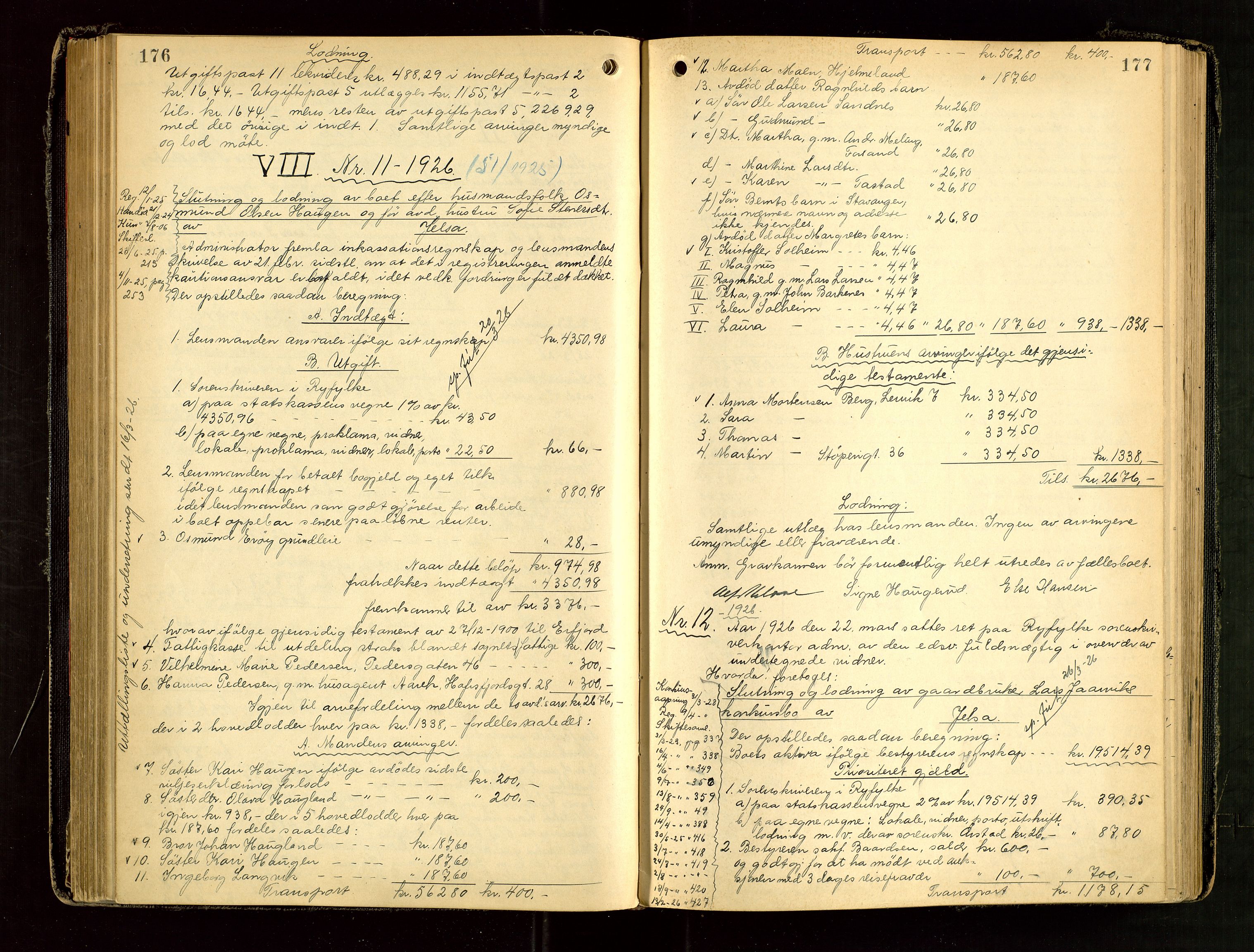 Ryfylke tingrett, AV/SAST-A-100055/001/IV/IVG/L0006: Skifteutlodningsprotokoll Med register, 1924-1929, p. 176-177