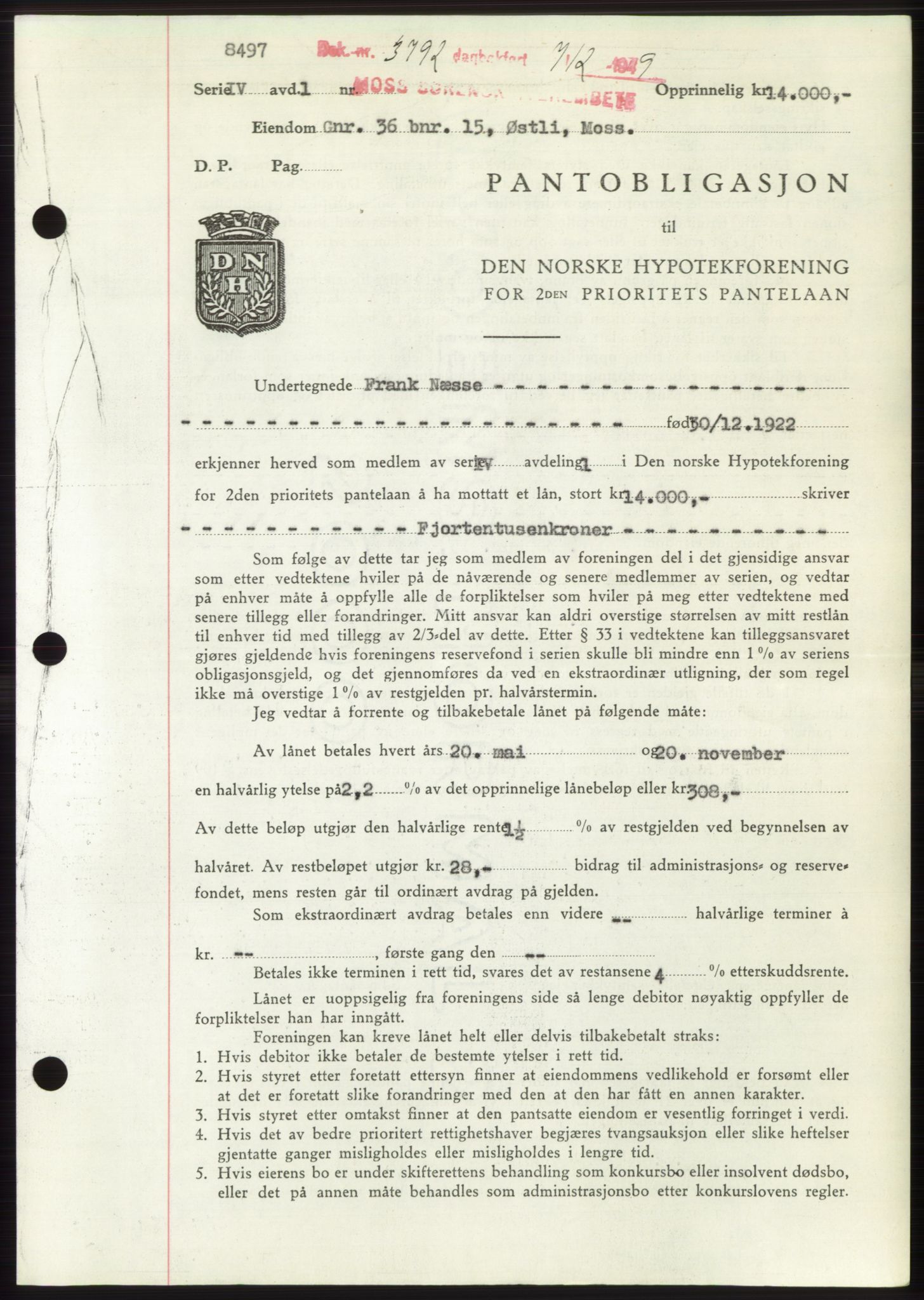 Moss sorenskriveri, SAO/A-10168: Mortgage book no. B23, 1949-1950, Diary no: : 3792/1949