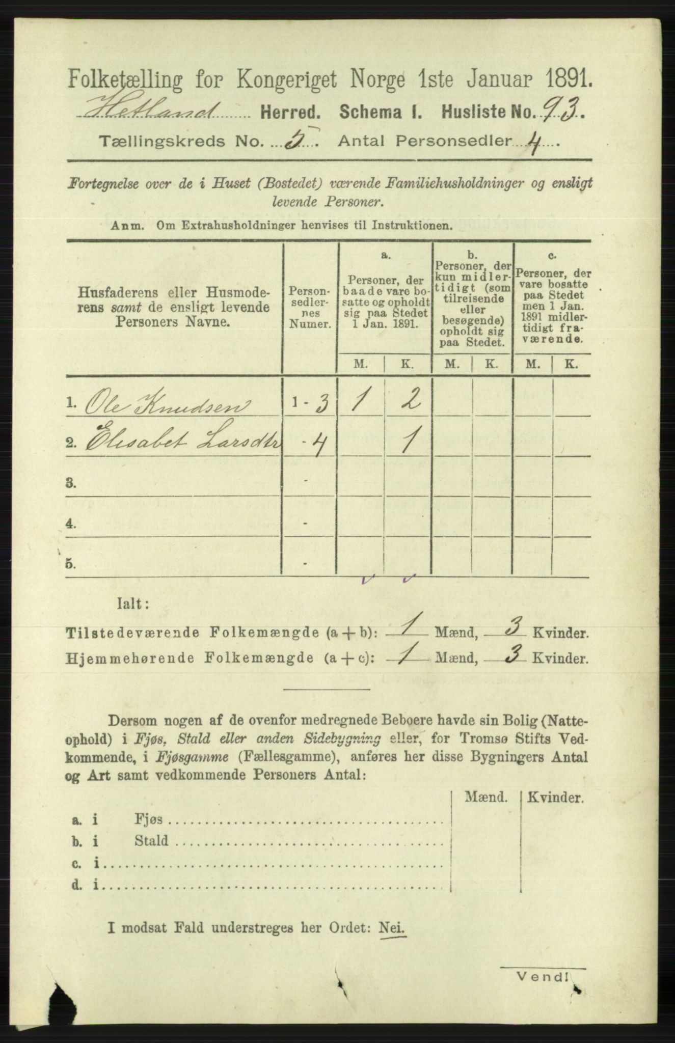 RA, 1891 census for 1126 Hetland, 1891, p. 2784