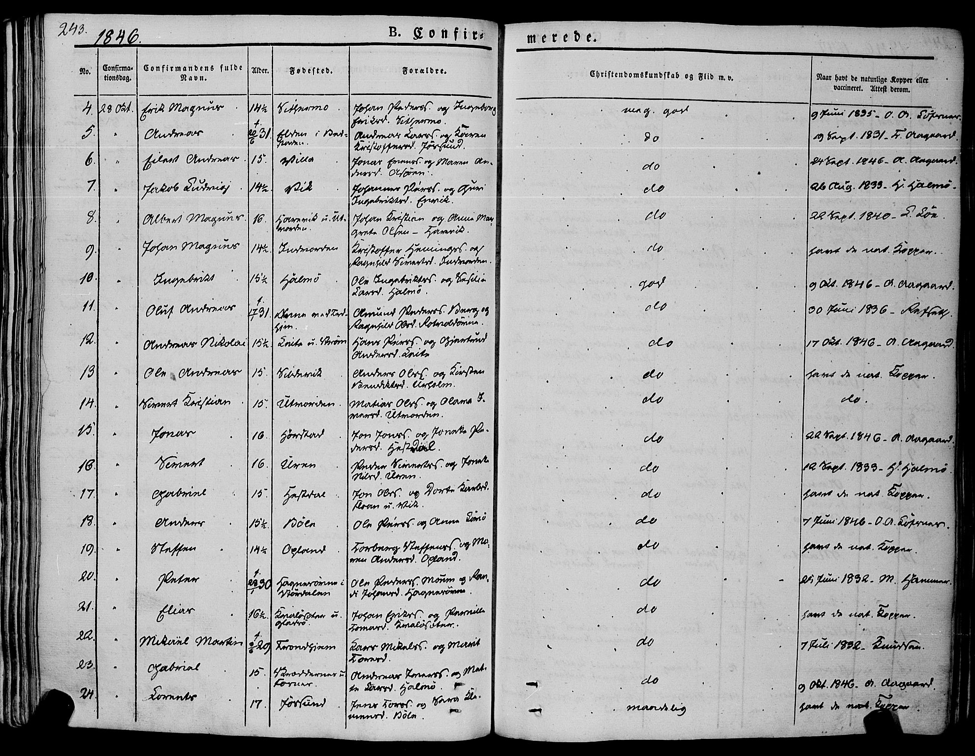 Ministerialprotokoller, klokkerbøker og fødselsregistre - Nord-Trøndelag, SAT/A-1458/773/L0614: Parish register (official) no. 773A05, 1831-1856, p. 243