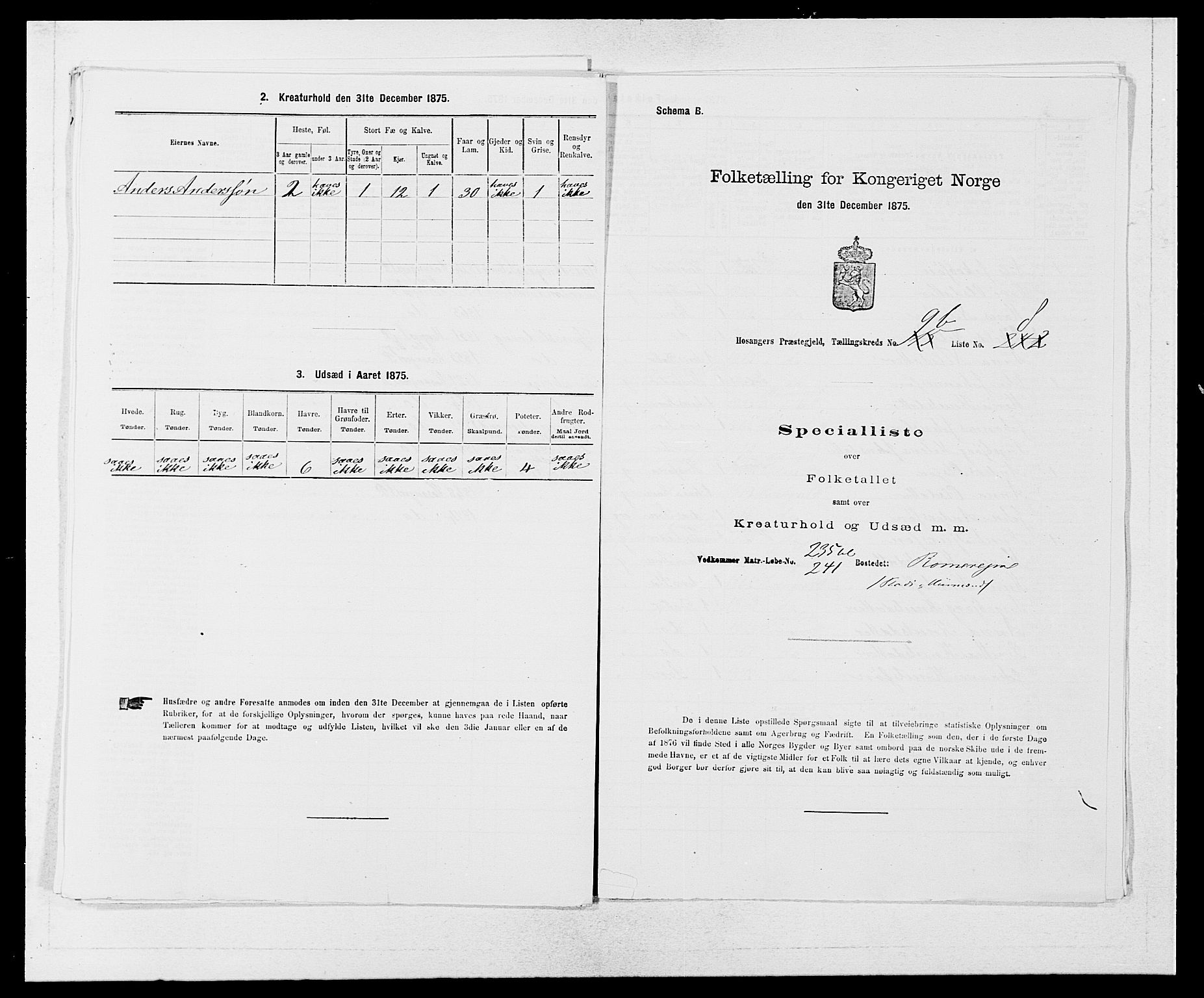 SAB, 1875 census for 1253P Hosanger, 1875, p. 695