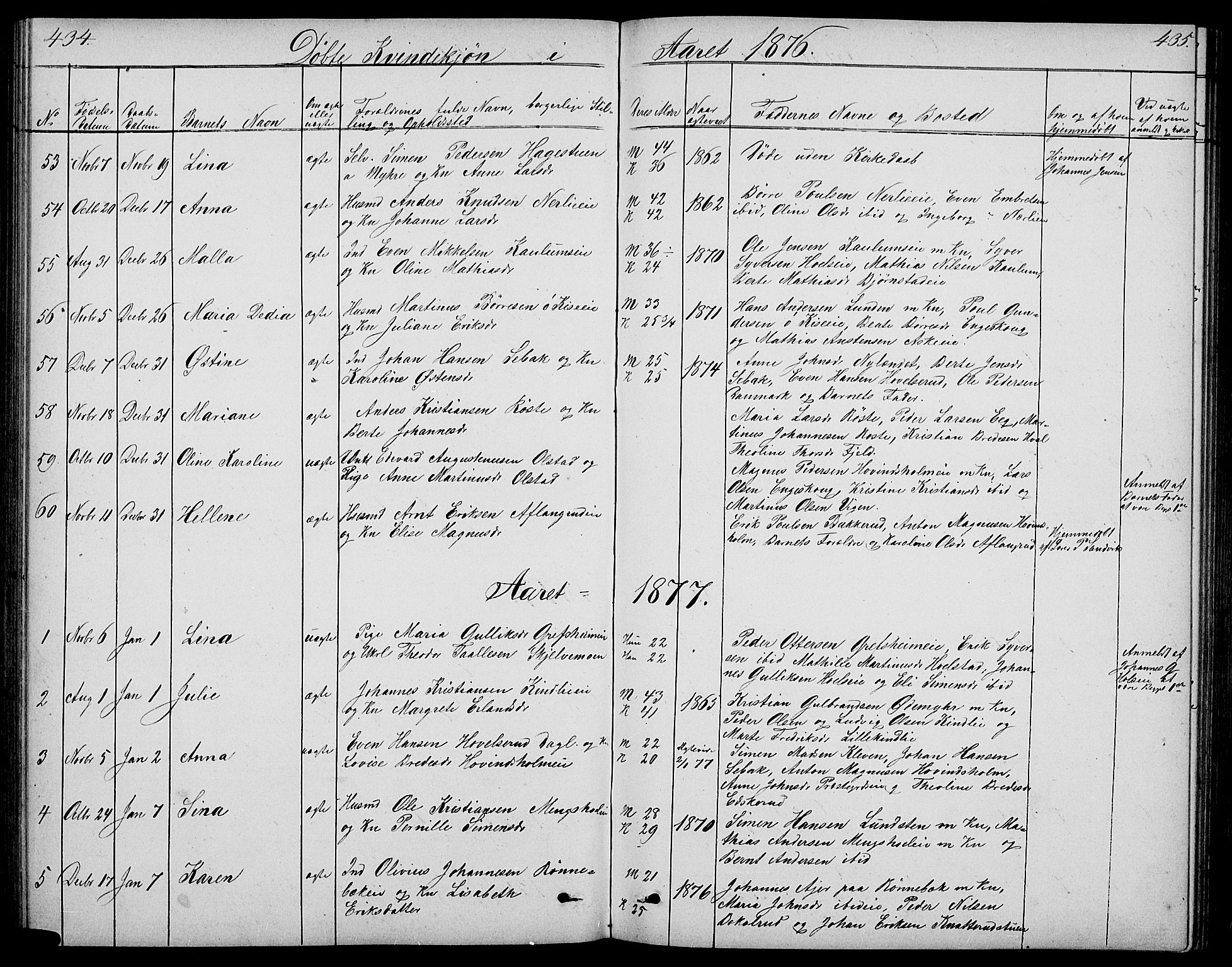 Nes prestekontor, Hedmark, SAH/PREST-020/L/La/L0005: Parish register (copy) no. 5, 1852-1889, p. 434-435