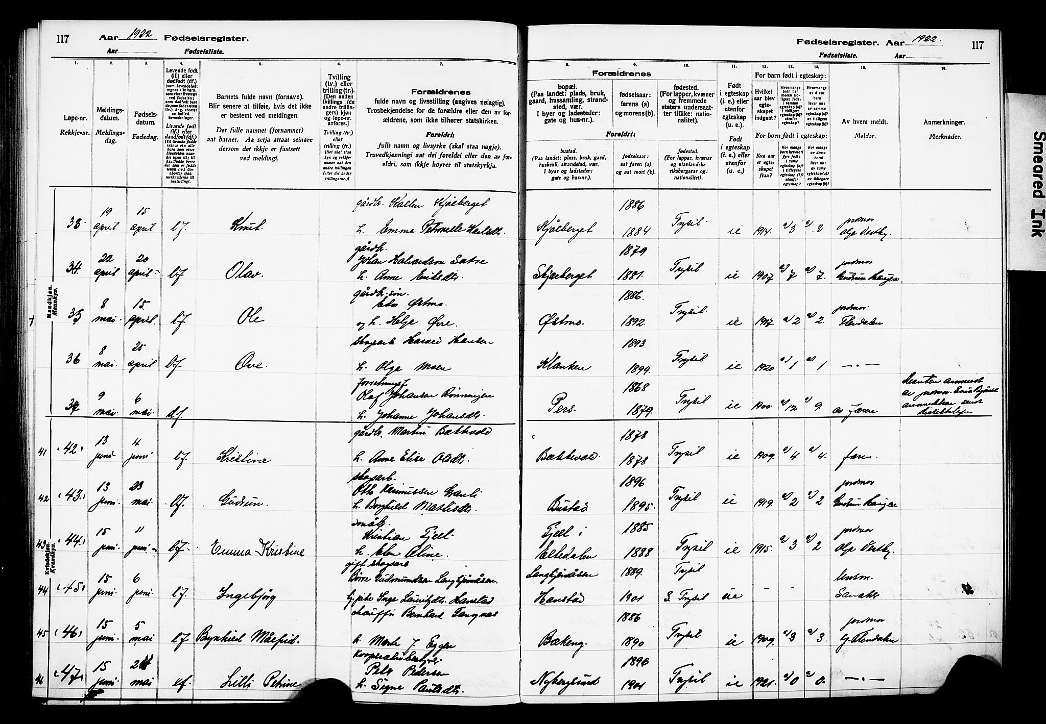 Trysil prestekontor, AV/SAH-PREST-046/I/Id/Ida/L0001: Birth register no. I 1, 1916-1927, p. 117