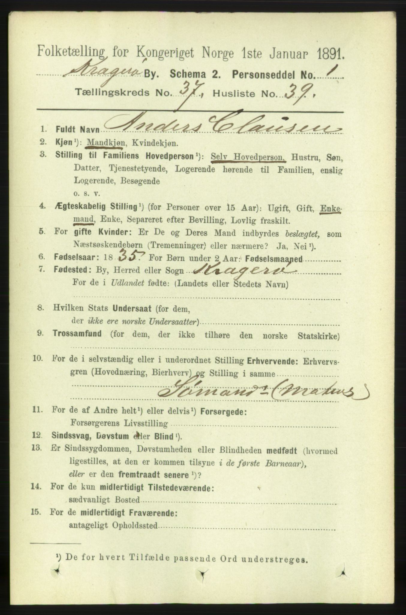 RA, 1891 census for 0801 Kragerø, 1891, p. 7009