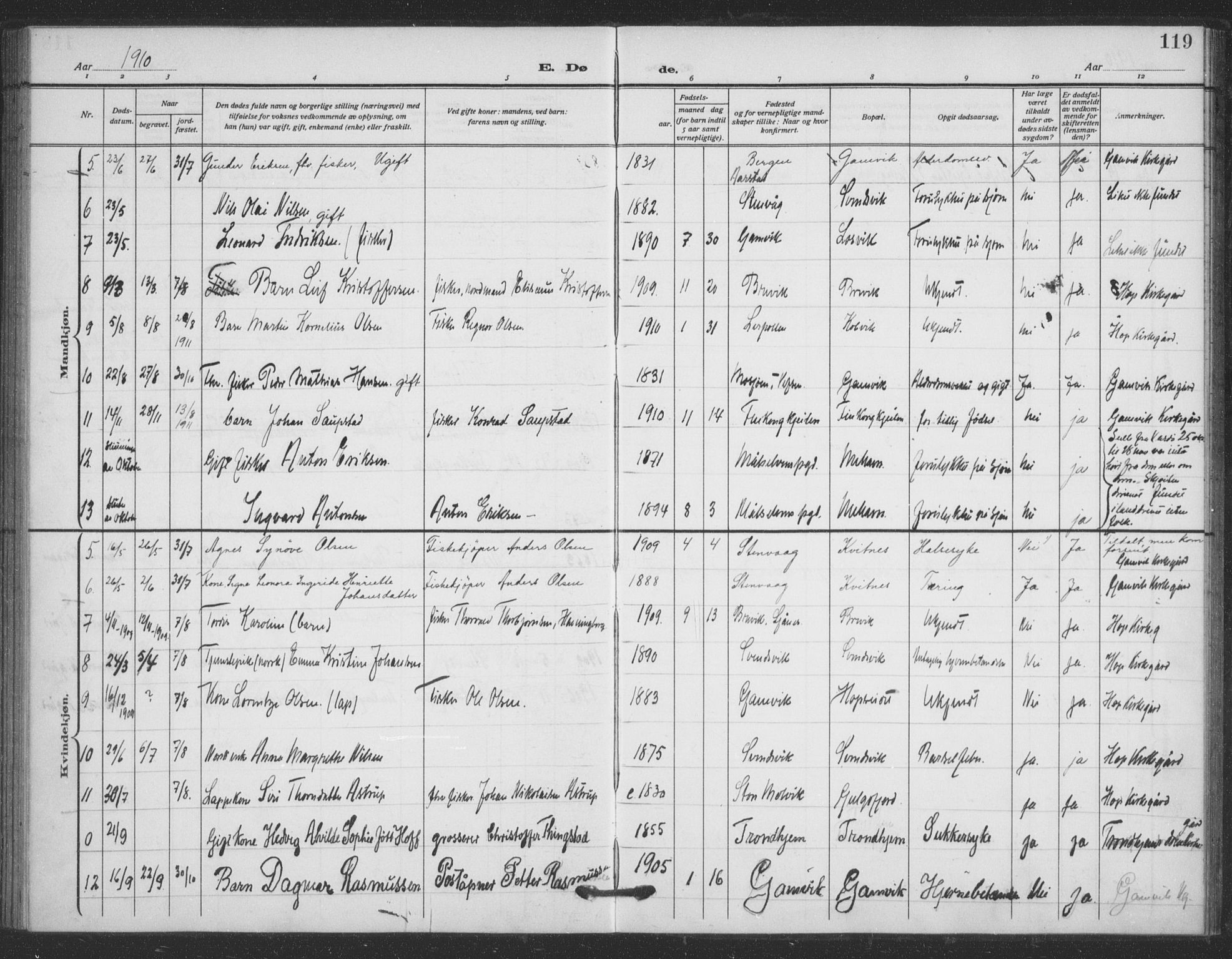 Tana sokneprestkontor, AV/SATØ-S-1334/H/Ha/L0008kirke: Parish register (official) no. 8, 1908-1920, p. 119