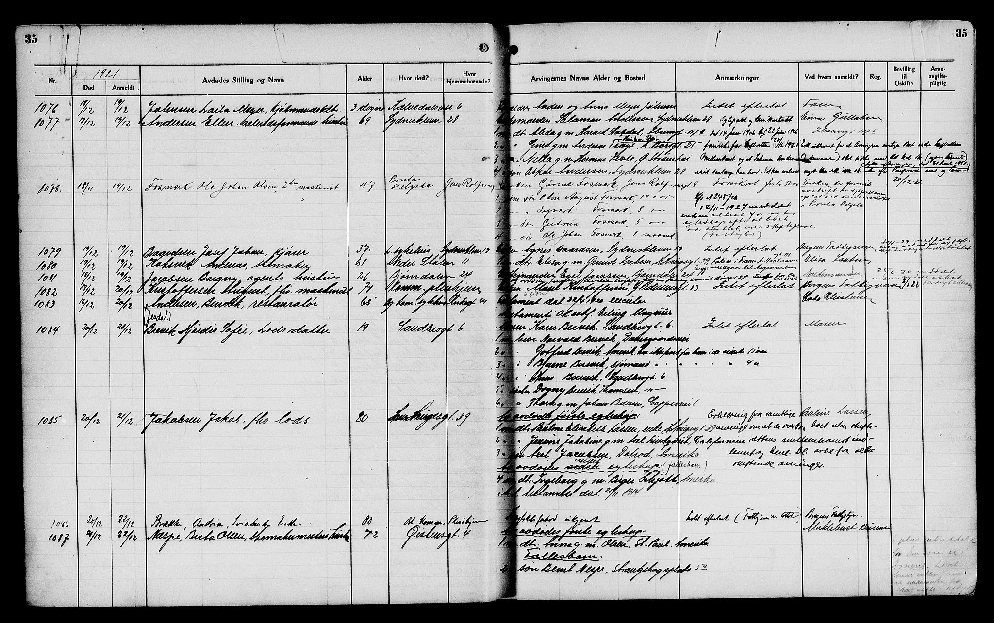Byfogd og Byskriver i Bergen, AV/SAB-A-3401/06/06Na/L0014: Dødsfallsjournaler, 1921-1924, p. 35