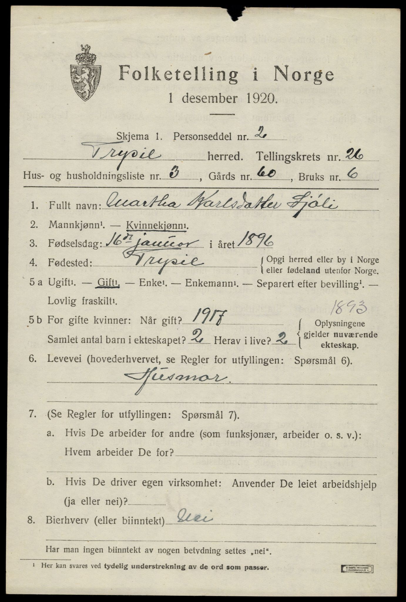 SAH, 1920 census for Trysil, 1920, p. 16145