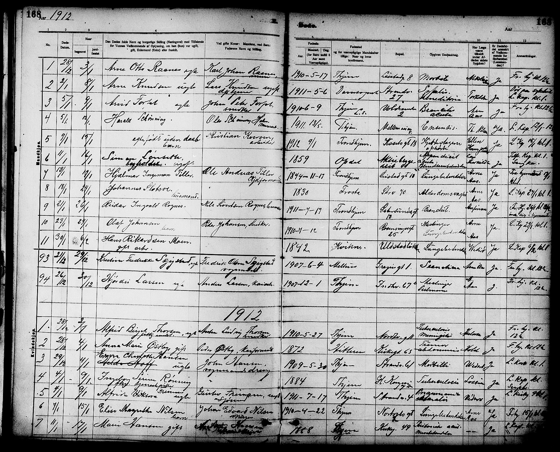 Ministerialprotokoller, klokkerbøker og fødselsregistre - Sør-Trøndelag, SAT/A-1456/605/L0255: Parish register (copy) no. 605C02, 1908-1918, p. 168