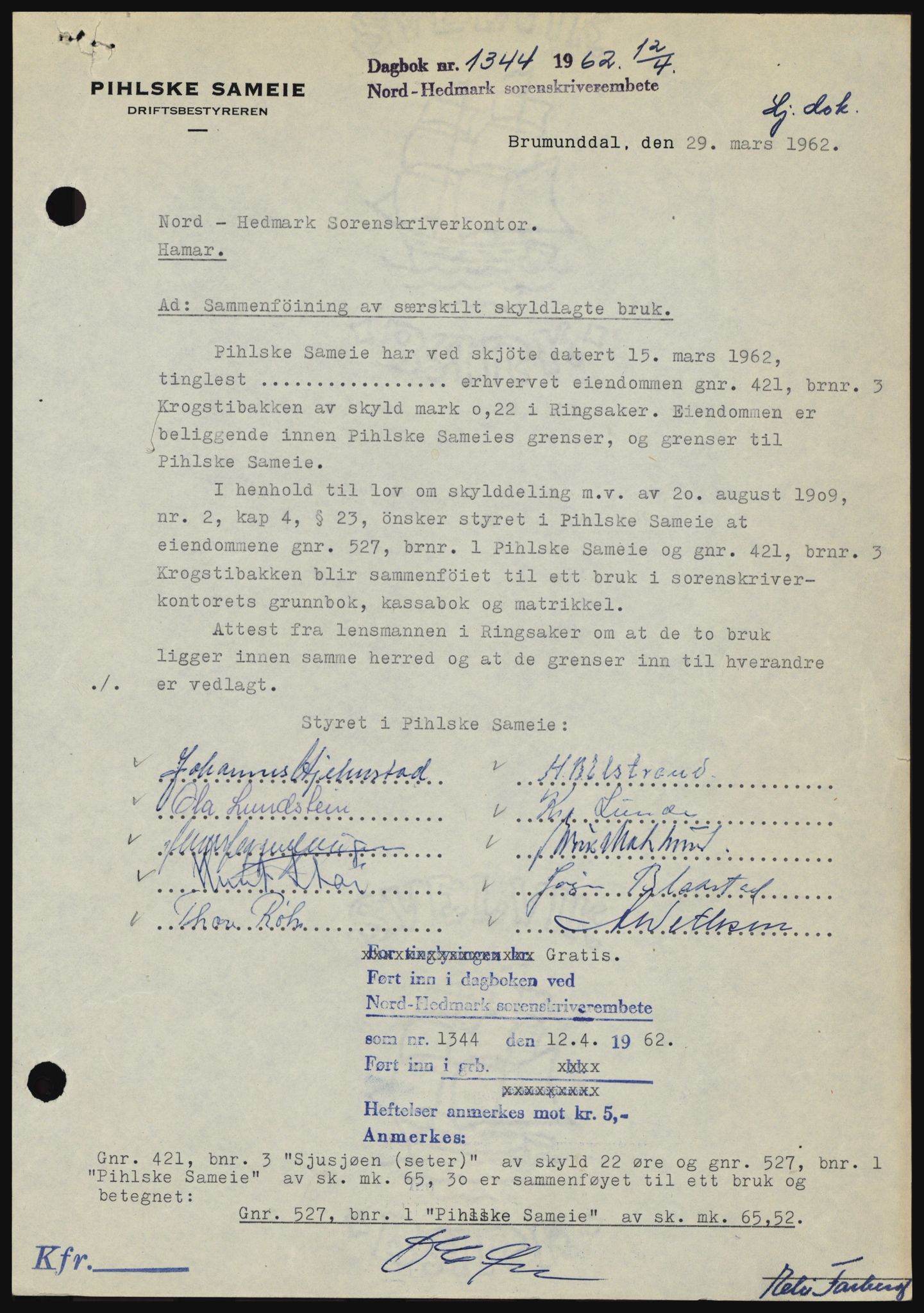 Nord-Hedmark sorenskriveri, SAH/TING-012/H/Hc/L0016: Mortgage book no. 16, 1962-1962, Diary no: : 1344/1962