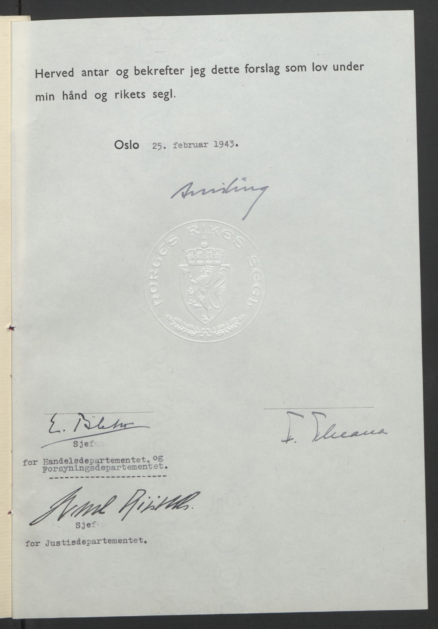 NS-administrasjonen 1940-1945 (Statsrådsekretariatet, de kommisariske statsråder mm), RA/S-4279/D/Db/L0099: Lover, 1943, p. 167