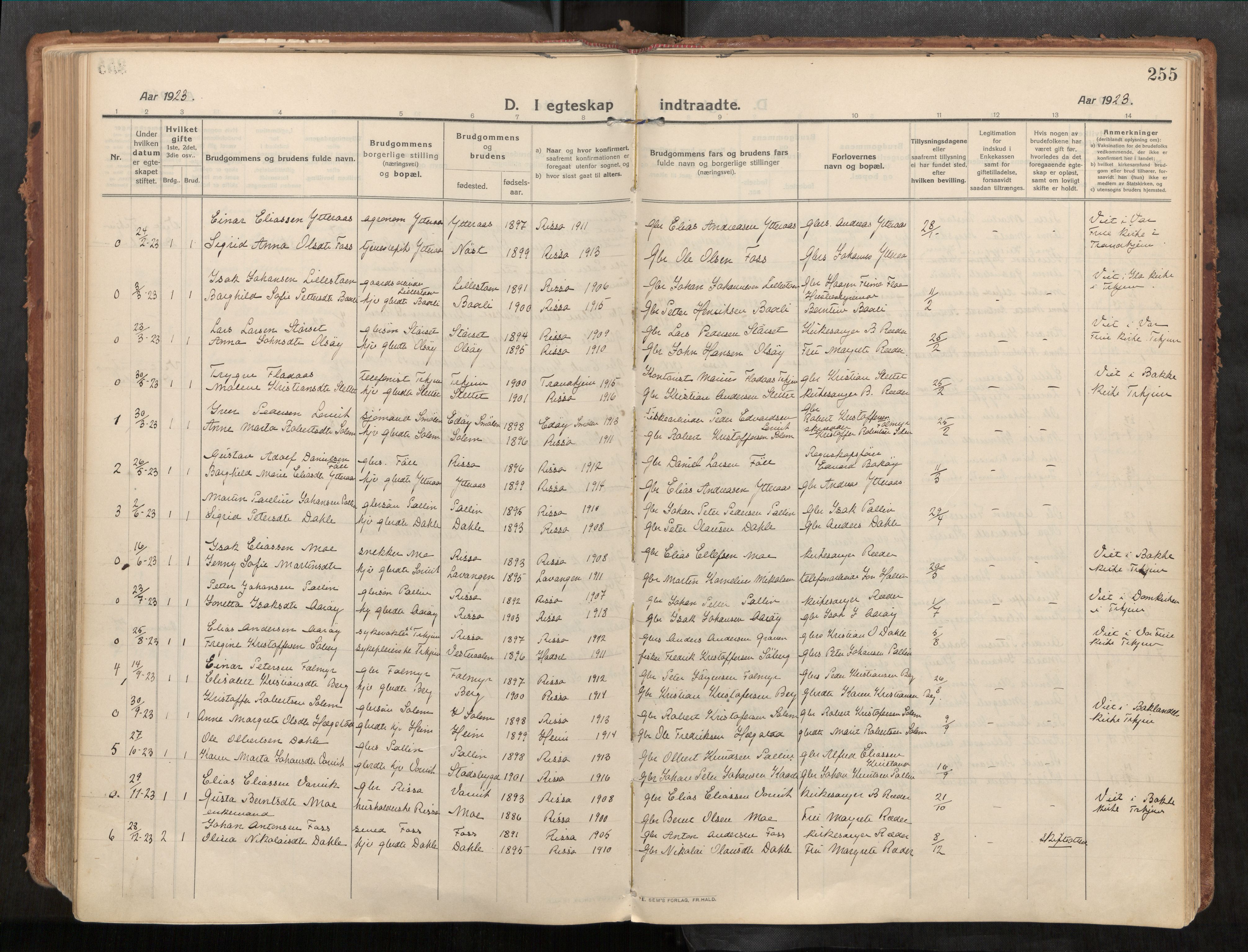 Stadsbygd sokneprestkontor, SAT/A-1117/1/I/I1/I1a/L0001: Parish register (official) no. 1, 1911-1929, p. 255