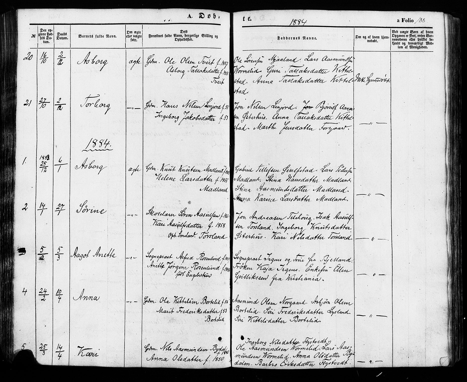 Åseral sokneprestkontor, SAK/1111-0051/F/Fa/L0002: Parish register (official) no. A 2, 1854-1884, p. 188