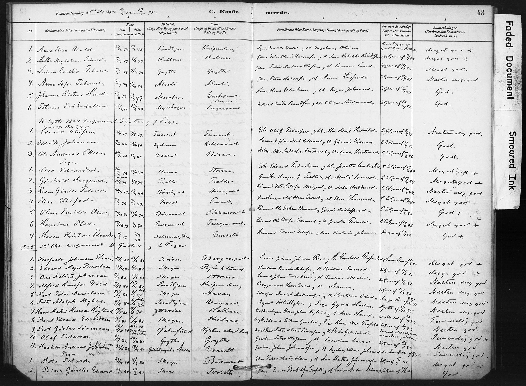 Ministerialprotokoller, klokkerbøker og fødselsregistre - Nord-Trøndelag, SAT/A-1458/718/L0175: Parish register (official) no. 718A01, 1890-1923, p. 43