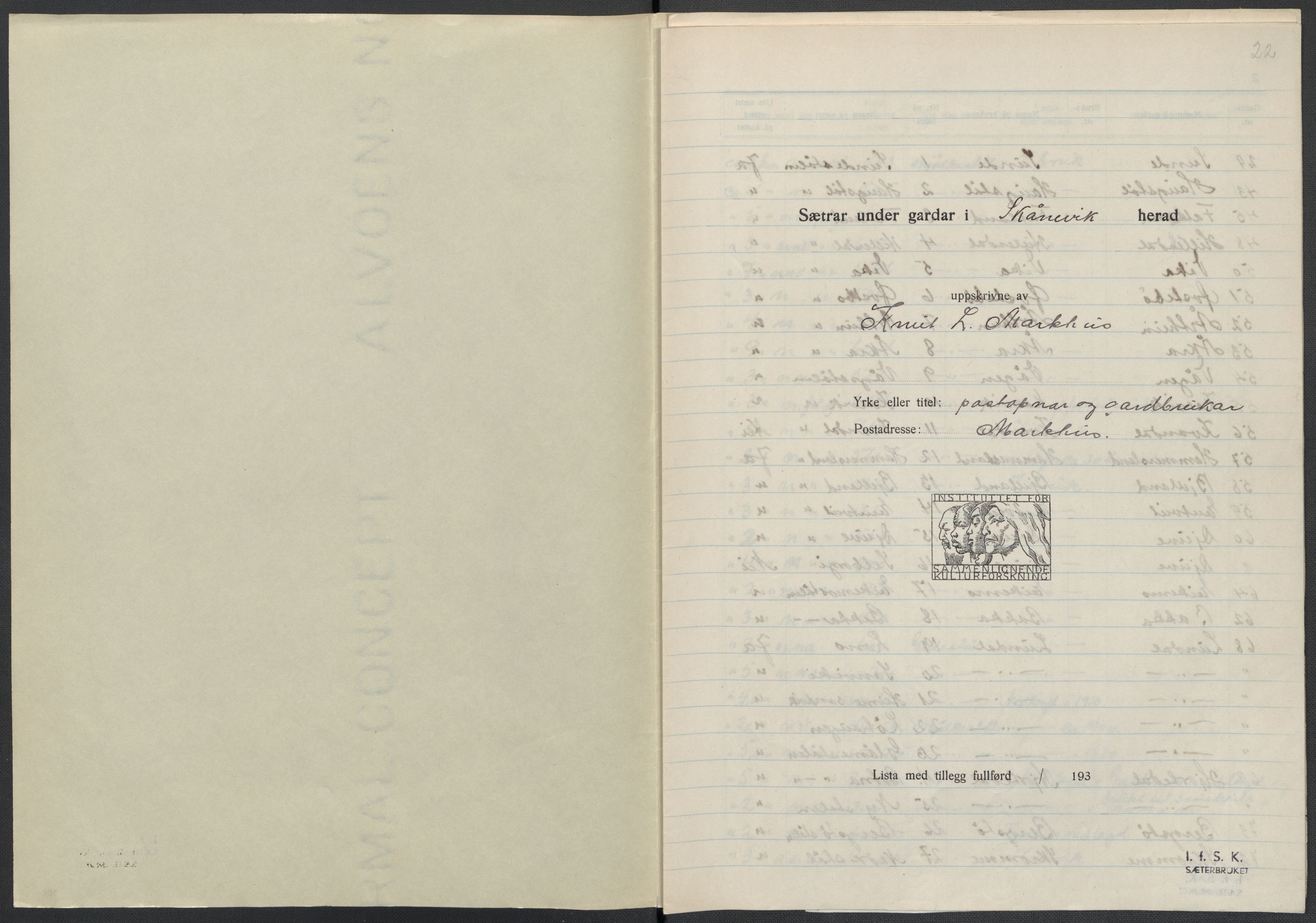 Instituttet for sammenlignende kulturforskning, AV/RA-PA-0424/F/Fc/L0009/0003: Eske B9: / Hordaland (perm XXIV), 1933-1938, p. 22