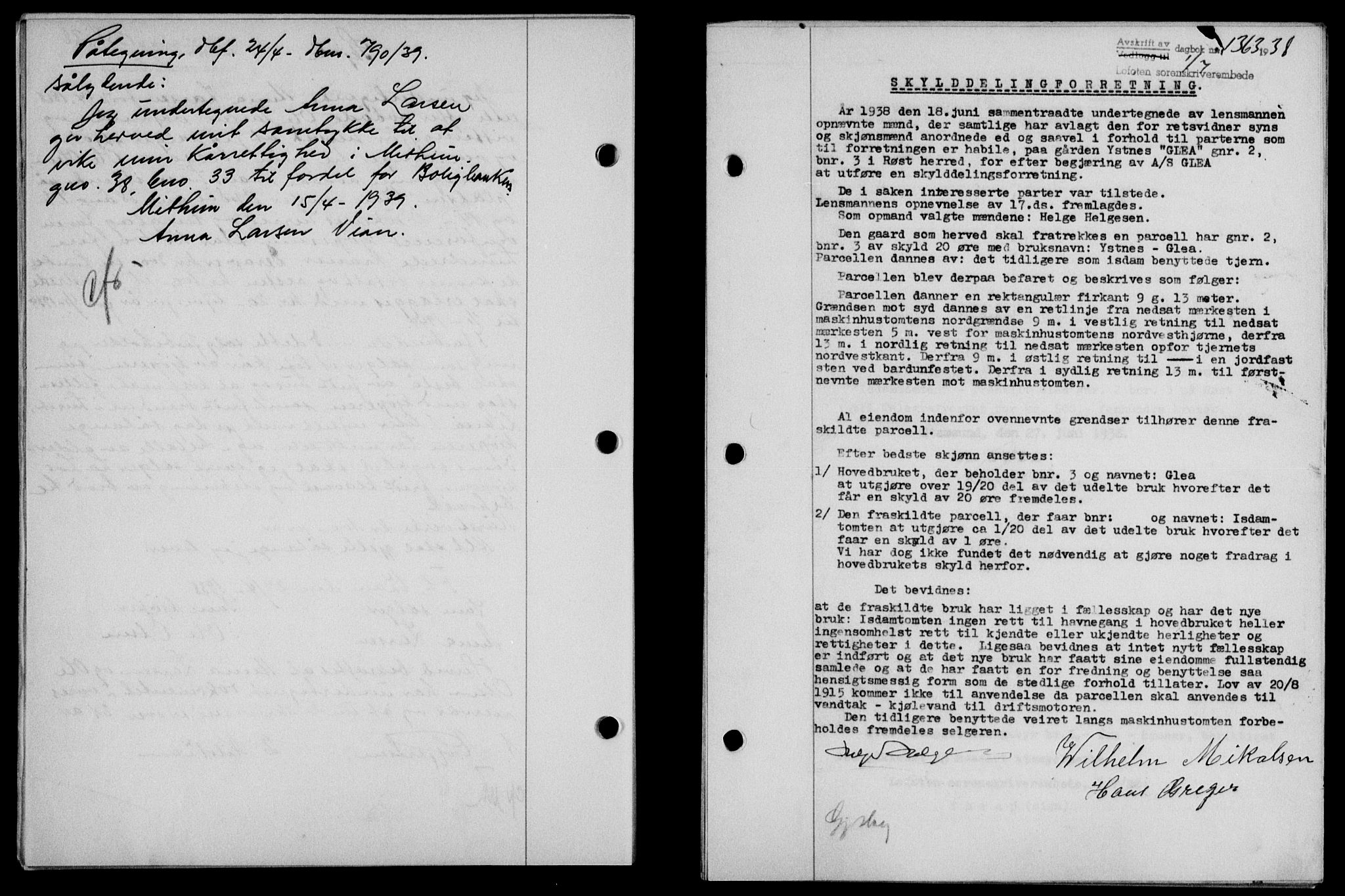 Lofoten sorenskriveri, AV/SAT-A-0017/1/2/2C/L0004a: Mortgage book no. 4a, 1938-1938, Diary no: : 1363/1938