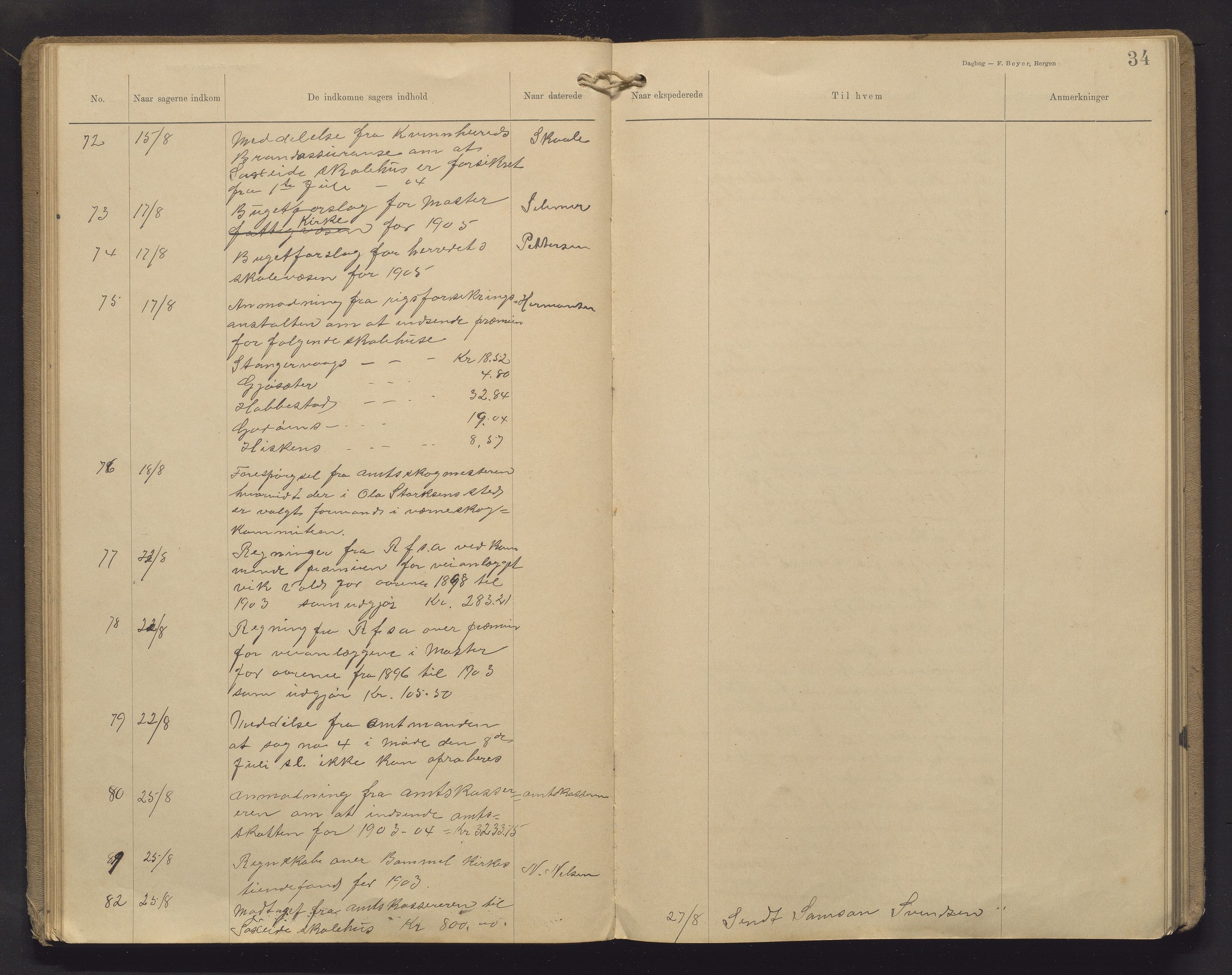 Finnaas kommune. Formannskapet, IKAH/1218a-021/C/Ca/L0003: Postjournal for formannskapet, 1902-1914, p. 34