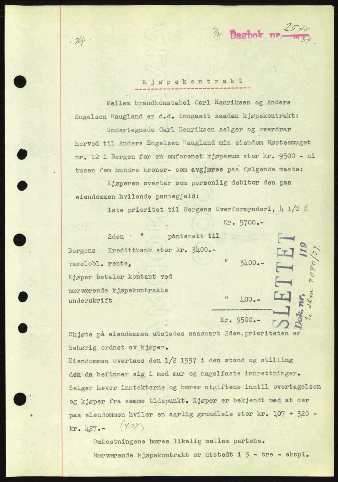 Byfogd og Byskriver i Bergen, SAB/A-3401/03/03Bc/L0004: Mortgage book no. A3-4, 1936-1937, Diary no: : 2570/1937