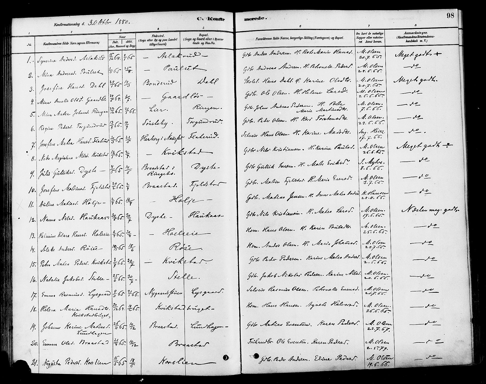 Vestre Toten prestekontor, AV/SAH-PREST-108/H/Ha/Haa/L0010: Parish register (official) no. 10, 1878-1894, p. 98