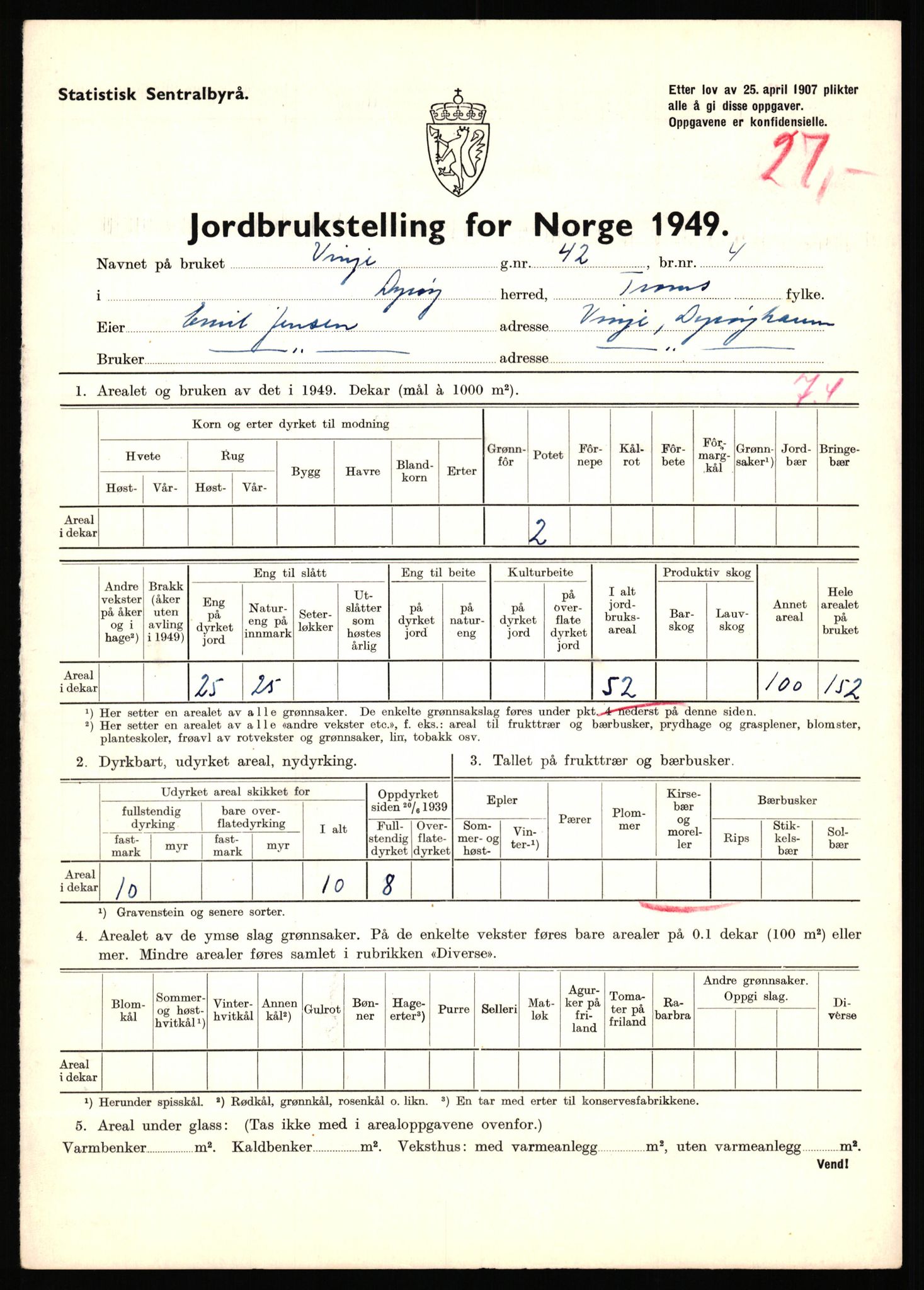 Statistisk sentralbyrå, Næringsøkonomiske emner, Jordbruk, skogbruk, jakt, fiske og fangst, AV/RA-S-2234/G/Gc/L0440: Troms: Sørreisa og Dyrøy, 1949, p. 1584