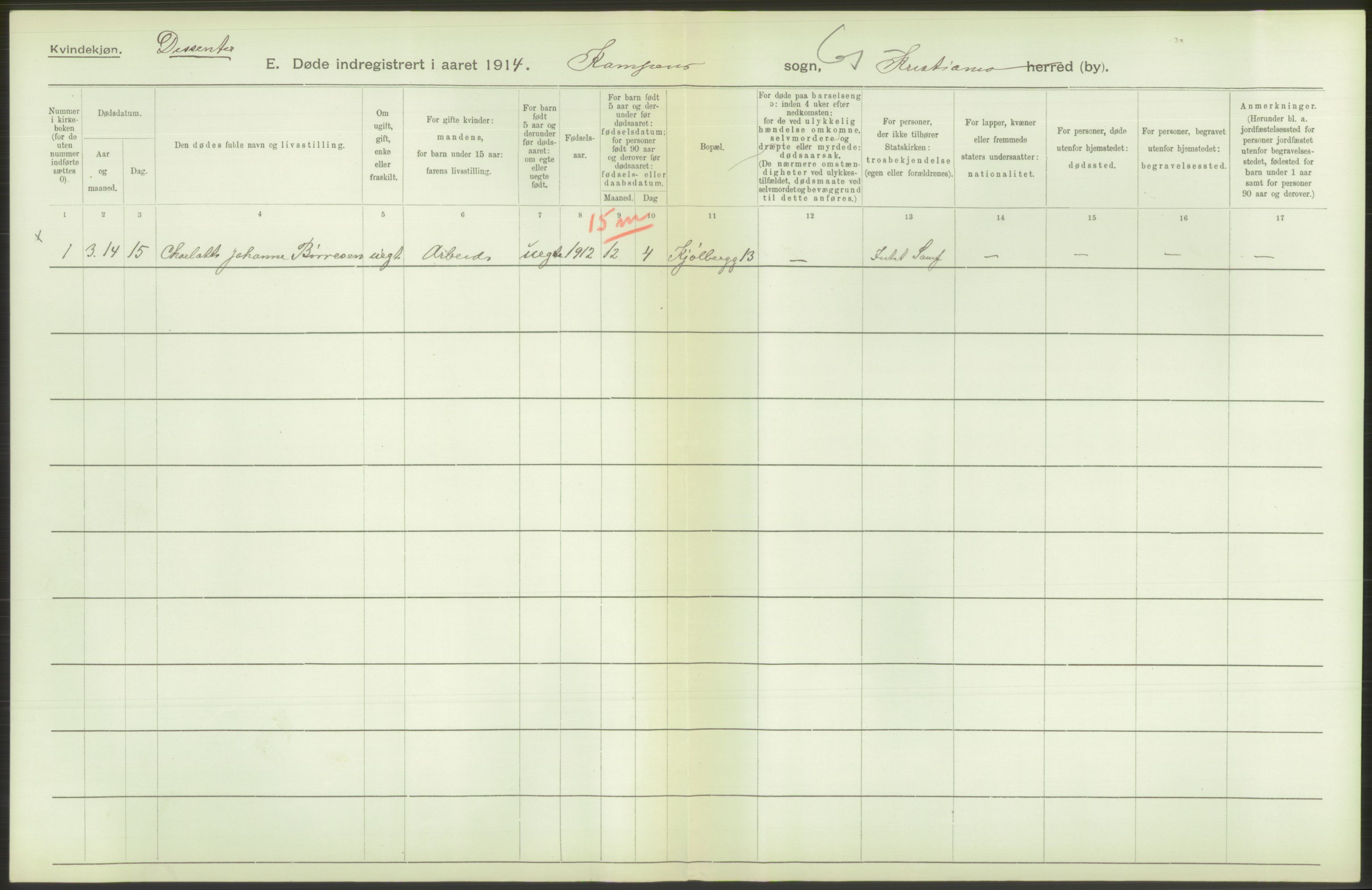 Statistisk sentralbyrå, Sosiodemografiske emner, Befolkning, AV/RA-S-2228/D/Df/Dfb/Dfbd/L0008: Kristiania: Døde, 1914, p. 442