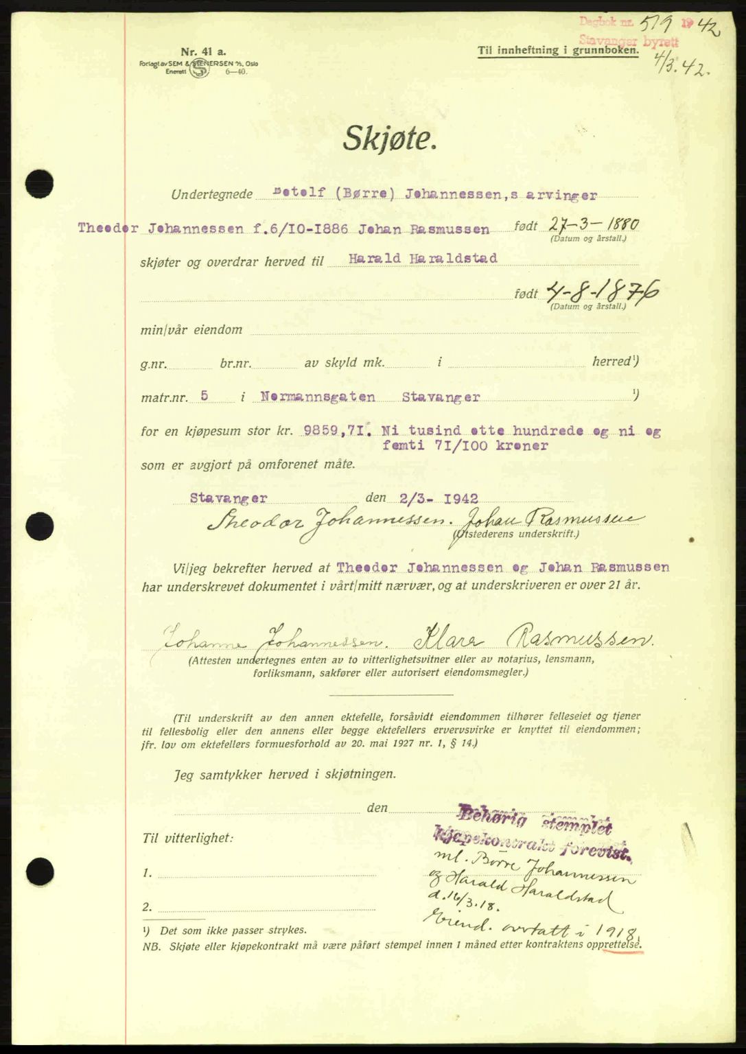 Stavanger byrett, SAST/A-100455/002/G/Gb/L0017: Mortgage book no. A7, 1941-1943, Diary no: : 519/1942