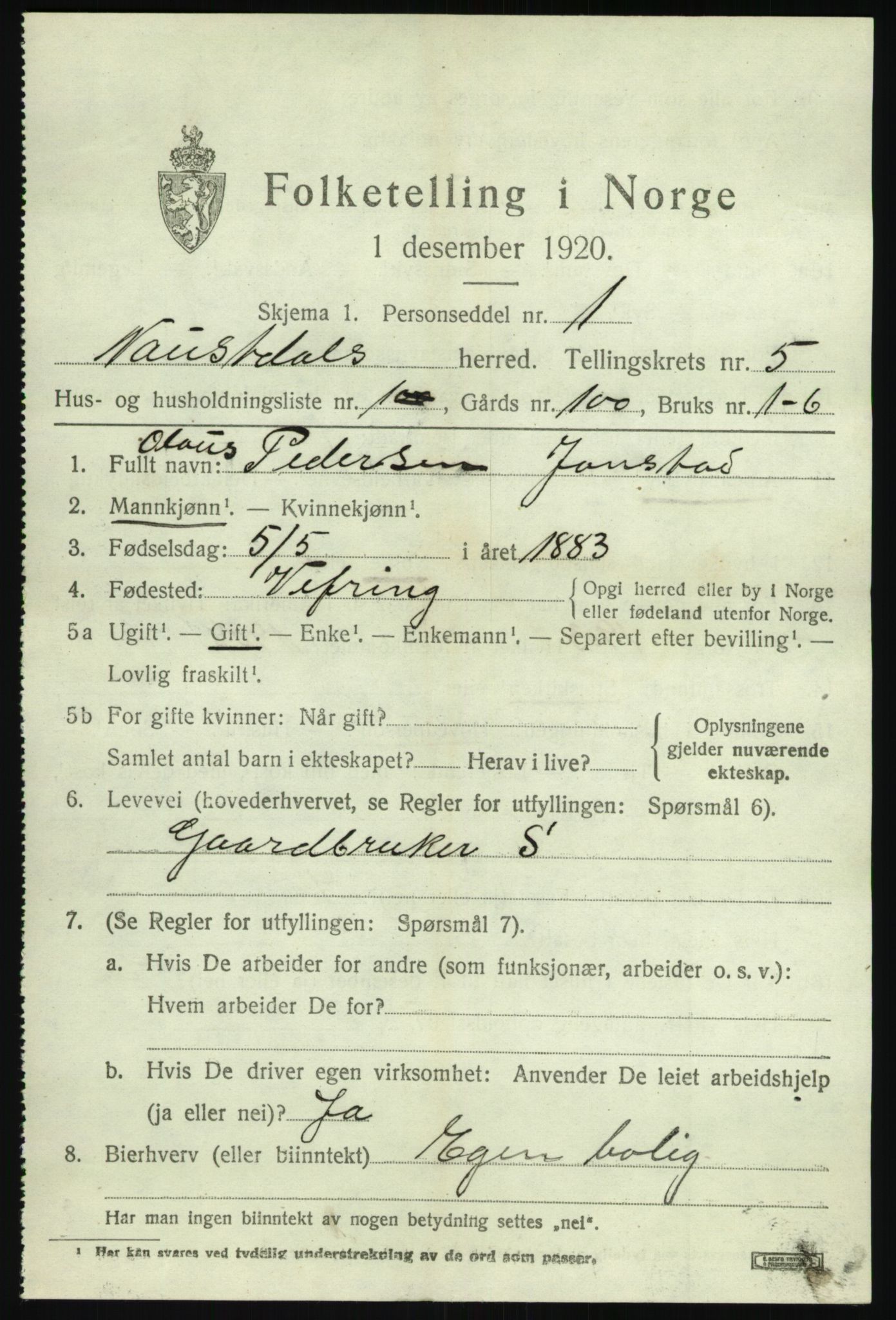 SAB, 1920 census for Naustdal, 1920, p. 3083