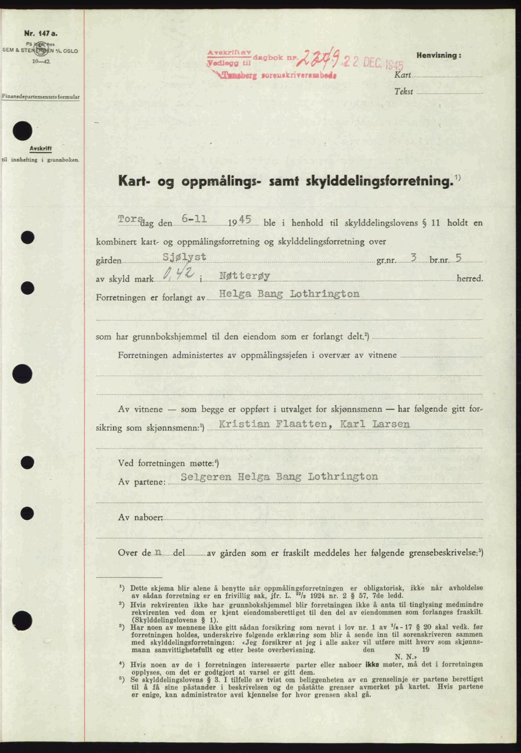 Tønsberg sorenskriveri, AV/SAKO-A-130/G/Ga/Gaa/L0017a: Mortgage book no. A17a, 1945-1945, Diary no: : 2349/1945