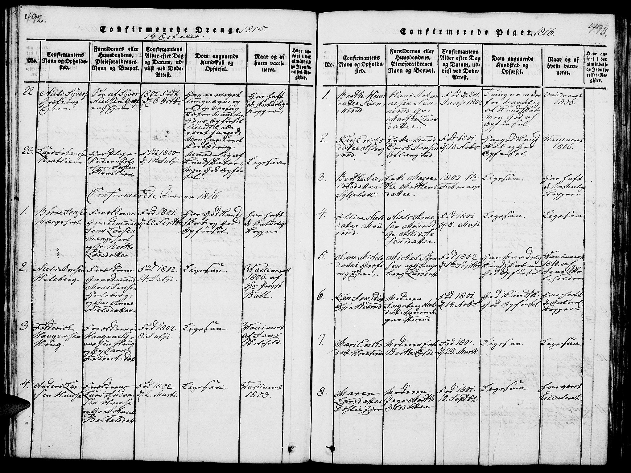 Nes prestekontor, Hedmark, AV/SAH-PREST-020/L/La/L0003: Parish register (copy) no. 3, 1814-1831, p. 492-493