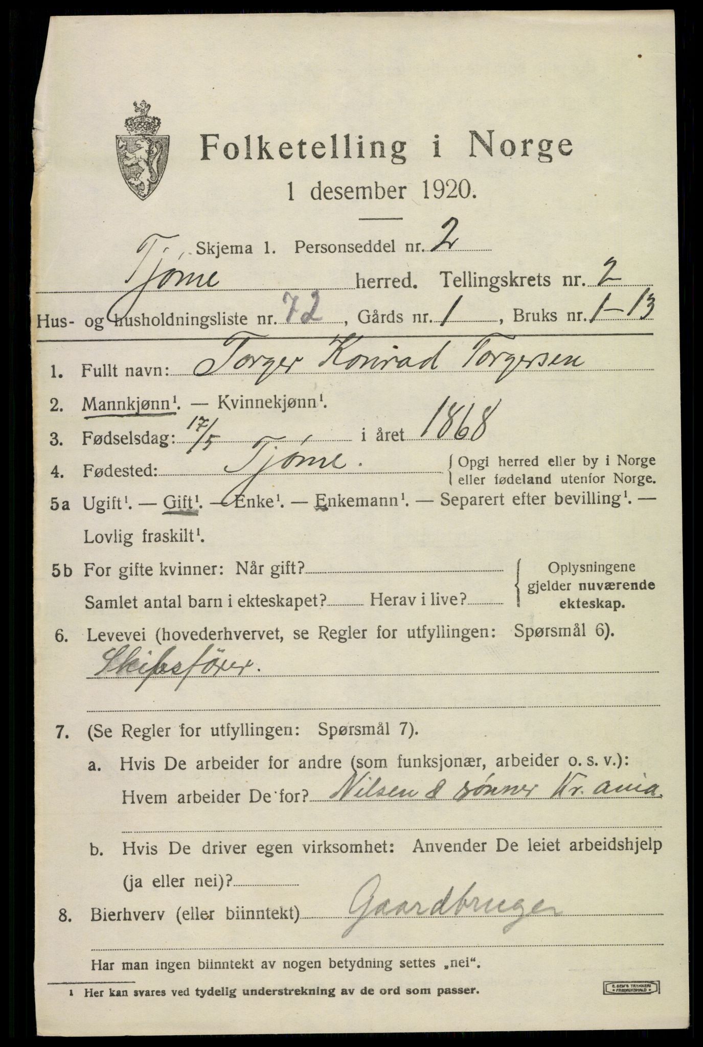 SAKO, 1920 census for Tjøme, 1920, p. 3447