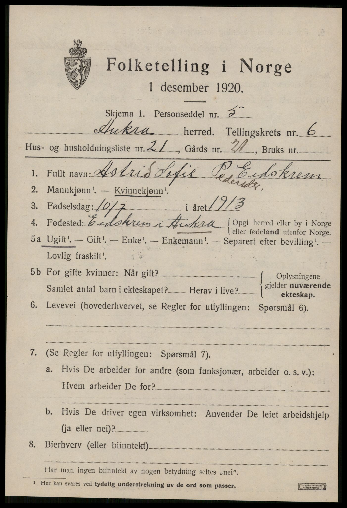 SAT, 1920 census for Aukra, 1920, p. 4231