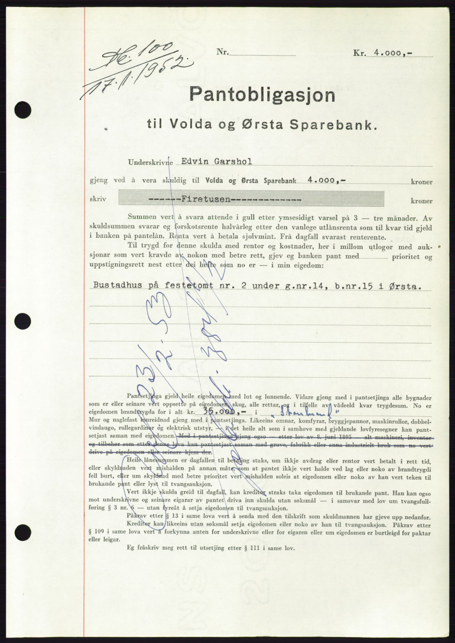 Søre Sunnmøre sorenskriveri, AV/SAT-A-4122/1/2/2C/L0121: Mortgage book no. 9B, 1951-1952, Diary no: : 100/1952