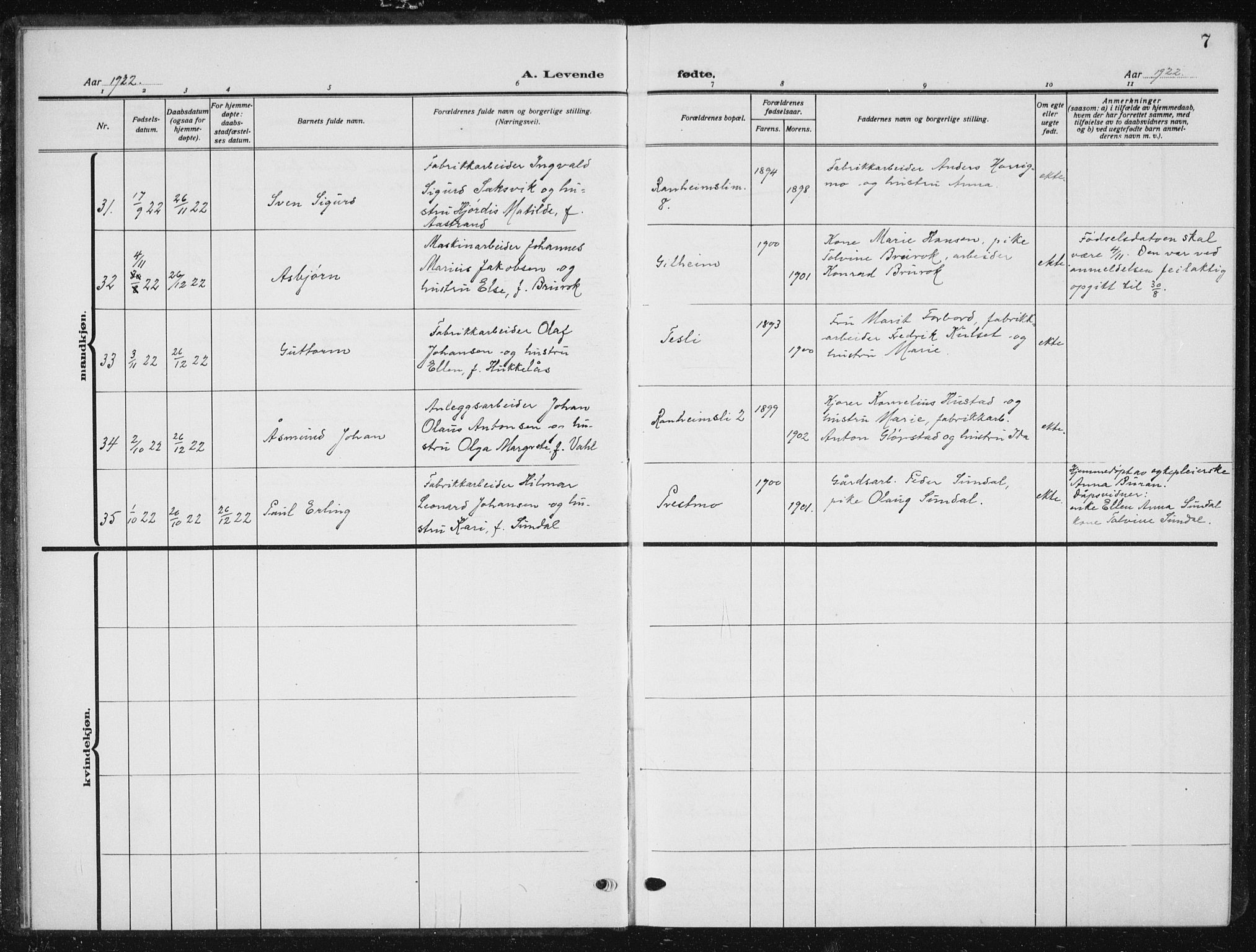 Ministerialprotokoller, klokkerbøker og fødselsregistre - Sør-Trøndelag, AV/SAT-A-1456/615/L0401: Parish register (copy) no. 615C02, 1922-1941, p. 7