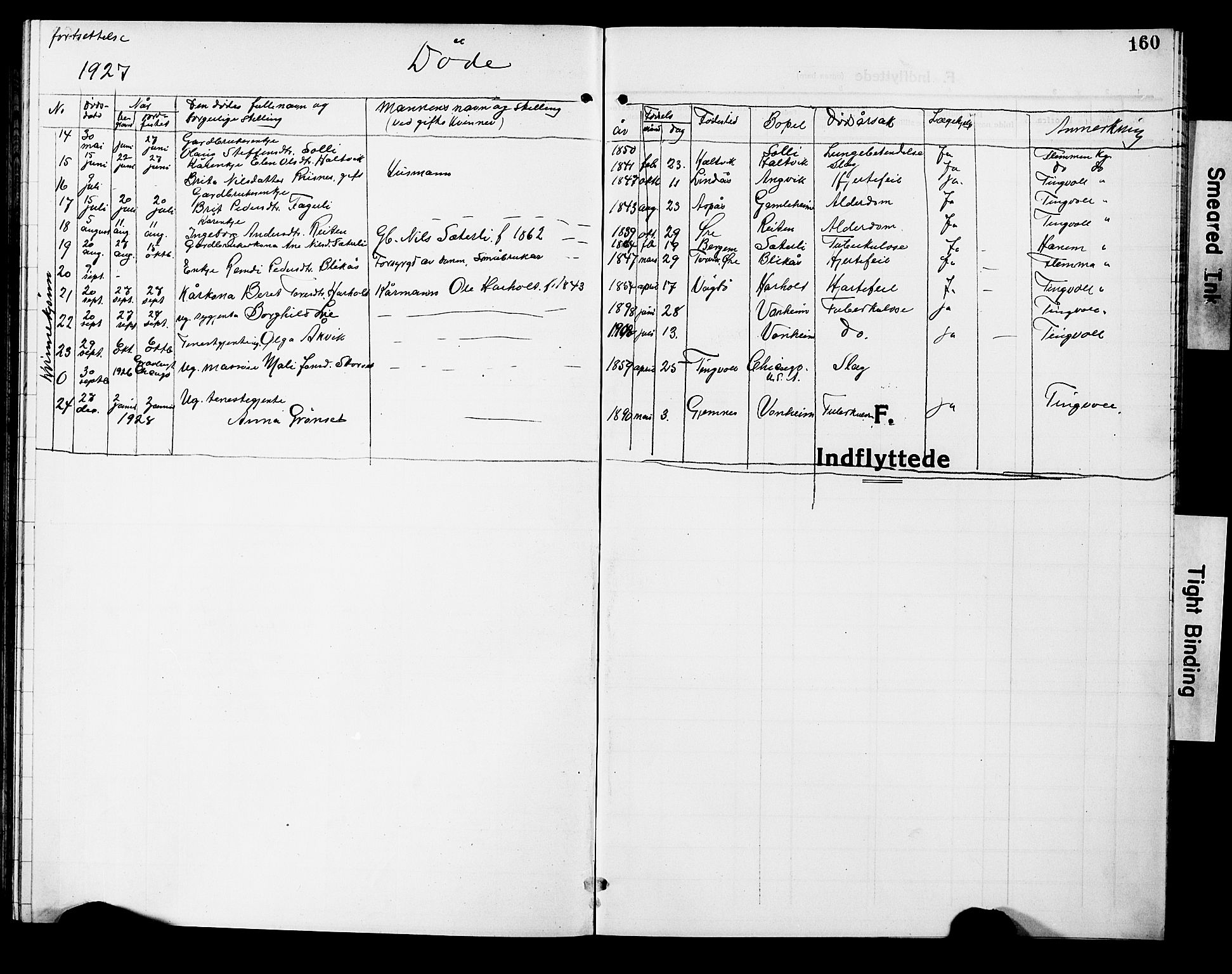 Ministerialprotokoller, klokkerbøker og fødselsregistre - Møre og Romsdal, AV/SAT-A-1454/586/L0994: Parish register (copy) no. 586C05, 1919-1927, p. 160