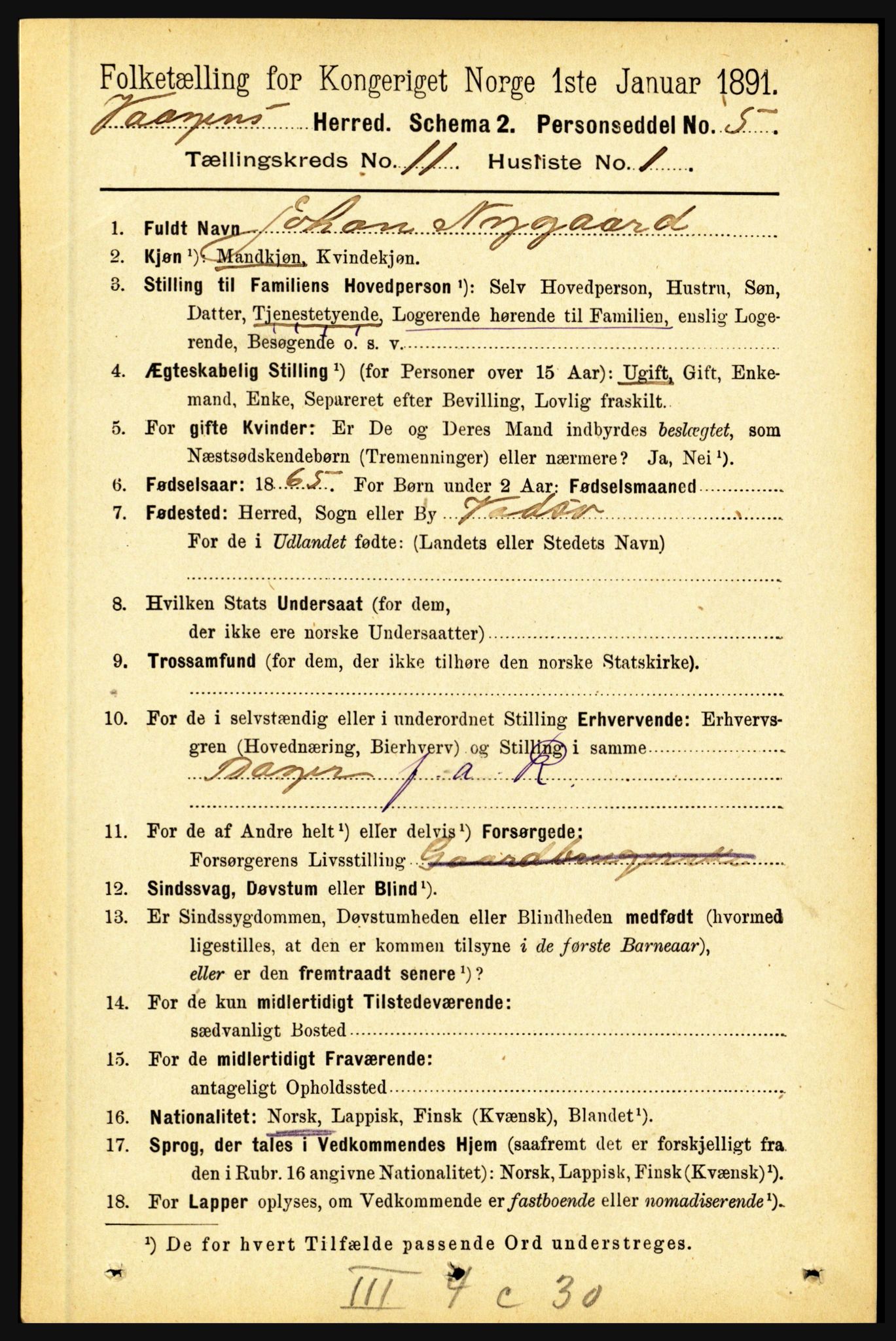 RA, 1891 census for 1865 Vågan, 1891, p. 2733