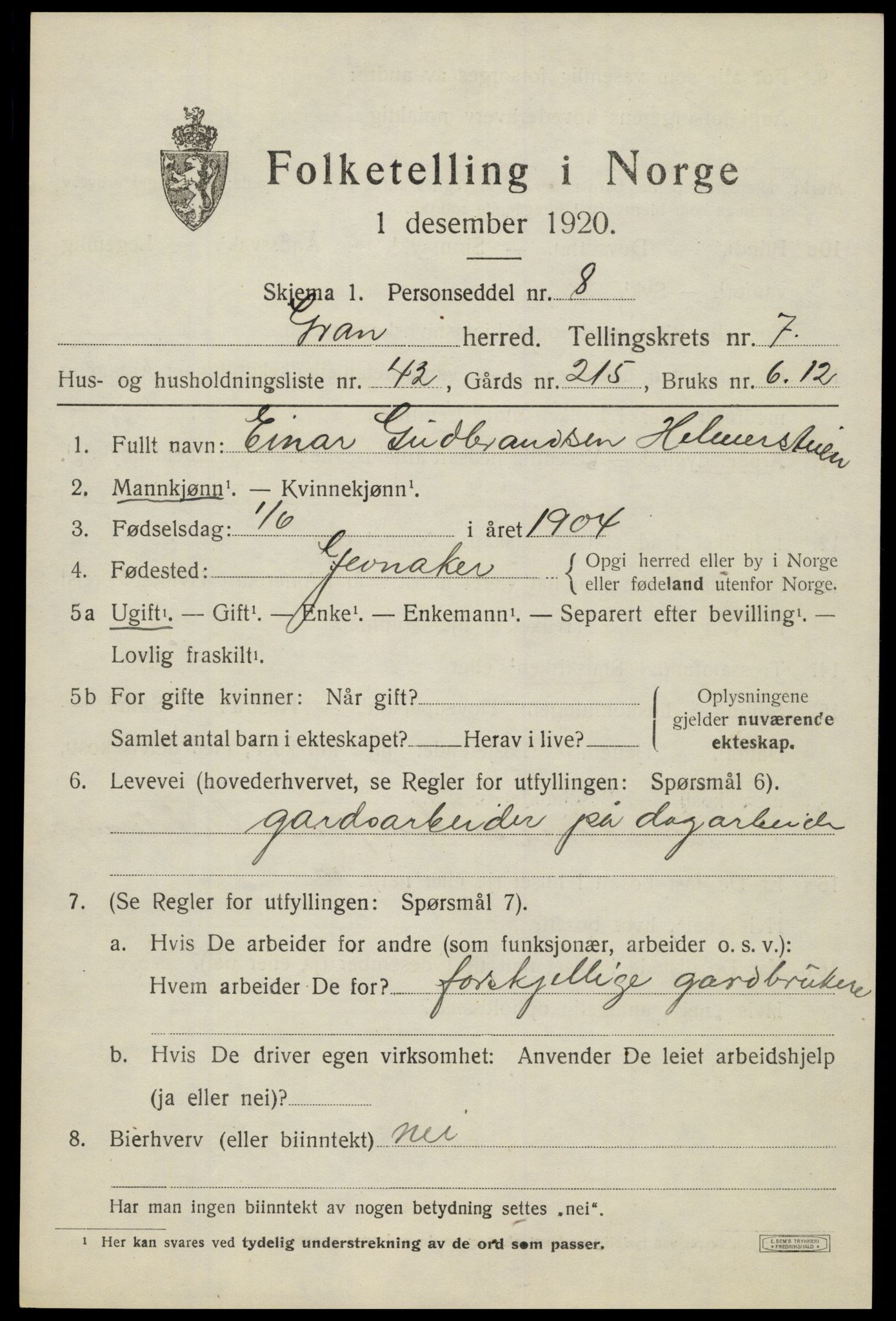 SAH, 1920 census for Gran, 1920, p. 9925