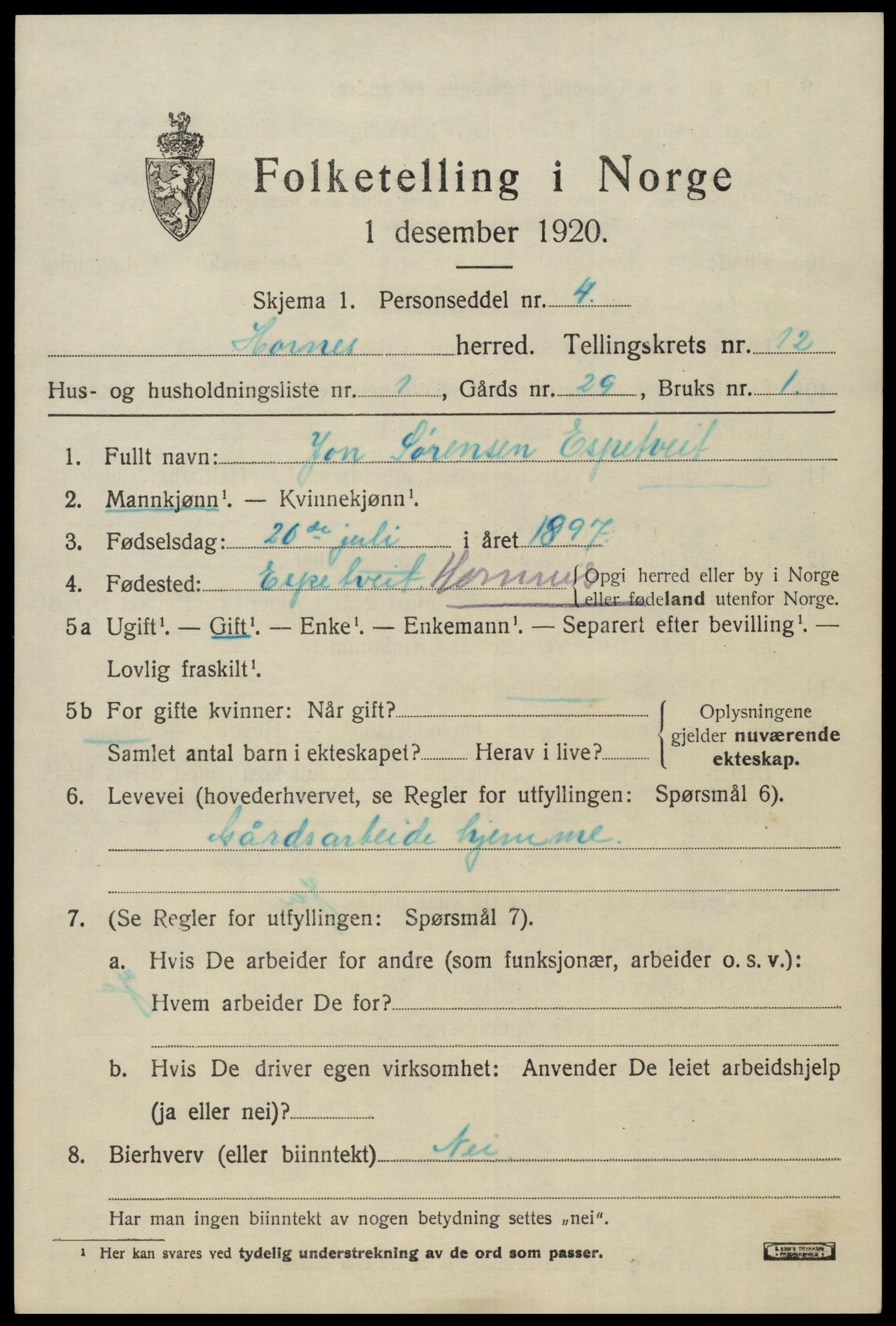 SAK, 1920 census for Hornnes, 1920, p. 2883