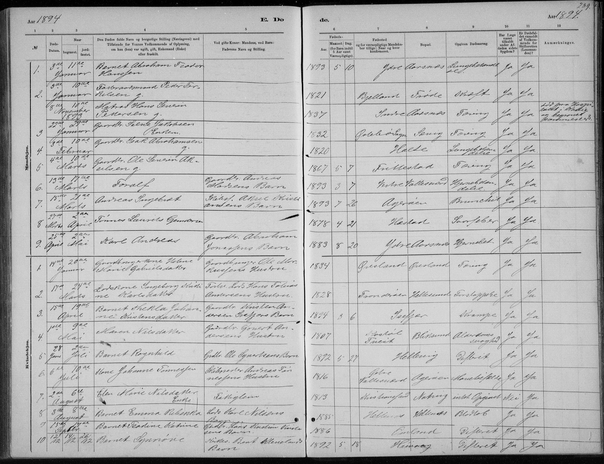 Høvåg sokneprestkontor, SAK/1111-0025/F/Fb/L0004: Parish register (copy) no. B 4, 1883-1898, p. 289