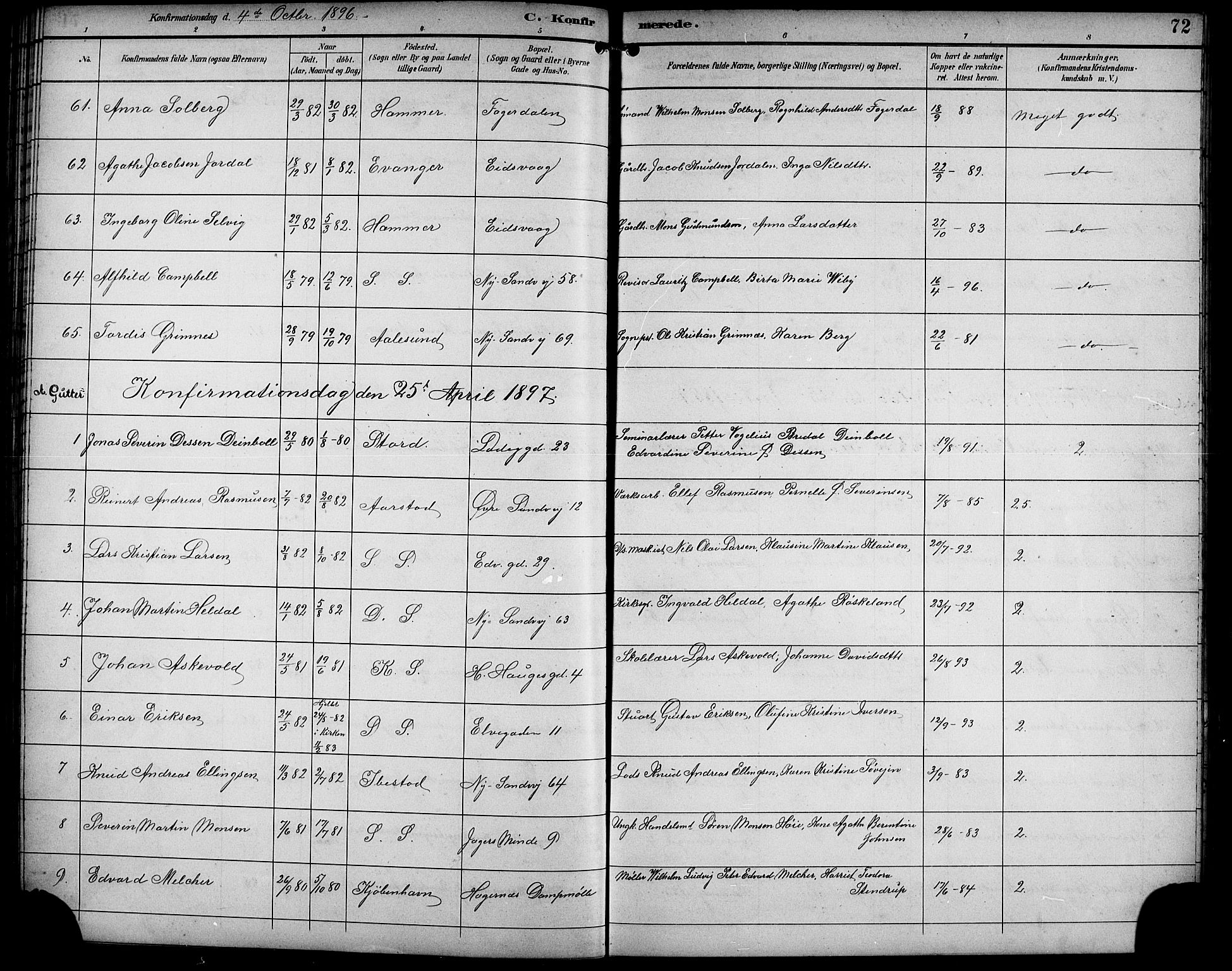 Sandviken Sokneprestembete, SAB/A-77601/H/Hb/L0003: Parish register (copy) no. A 4, 1892-1901, p. 72