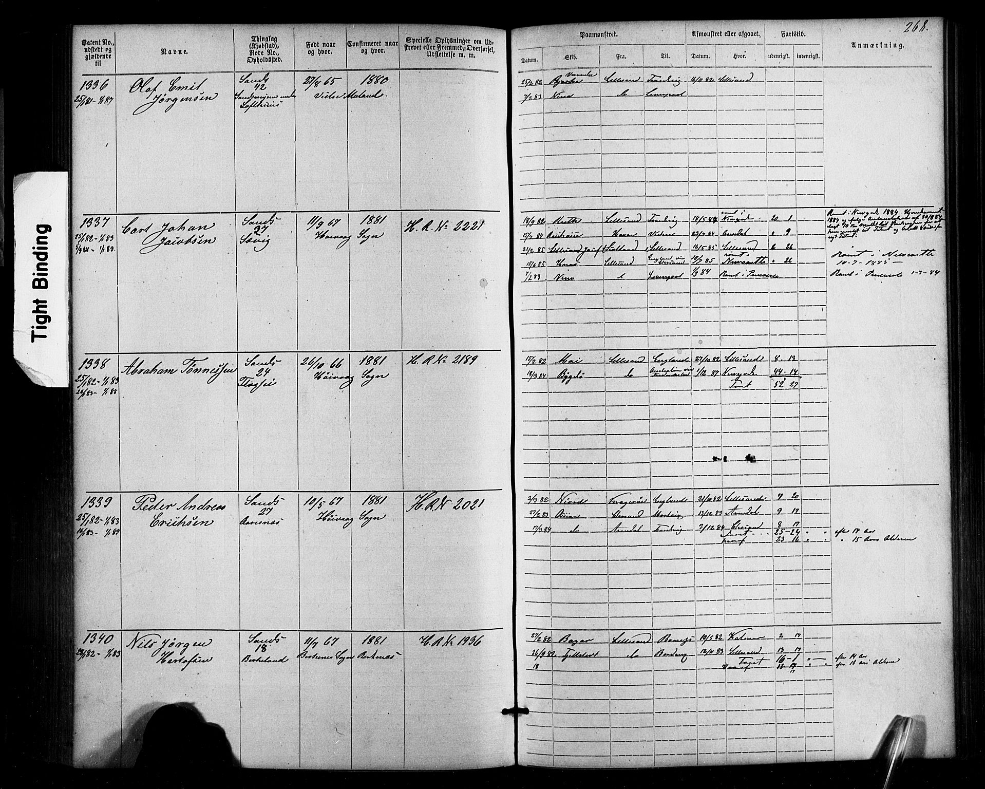 Lillesand mønstringskrets, SAK/2031-0014/F/Fa/L0002: Annotasjonsrulle nr 1-1910 med register, W-8, 1868-1891, p. 274