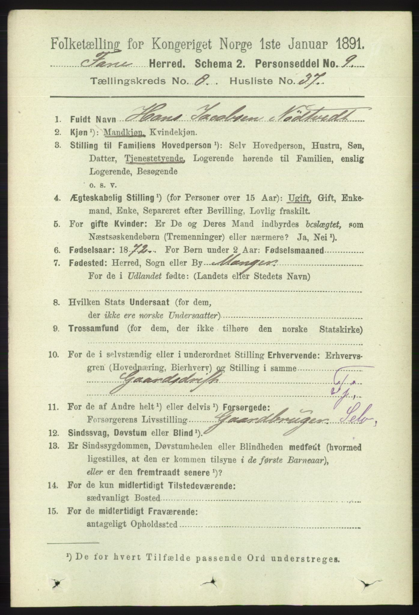 RA, 1891 census for 1249 Fana, 1891, p. 3758