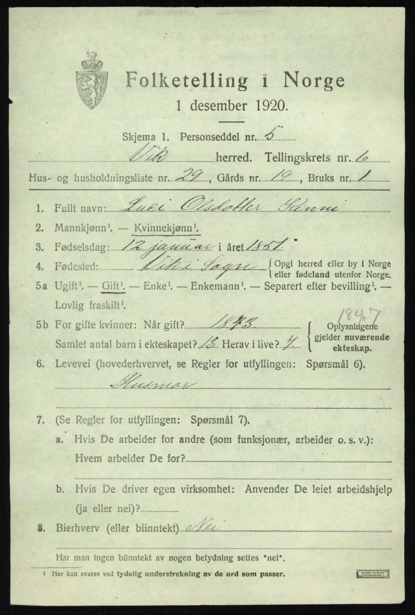 SAB, 1920 census for Vik, 1920, p. 4787