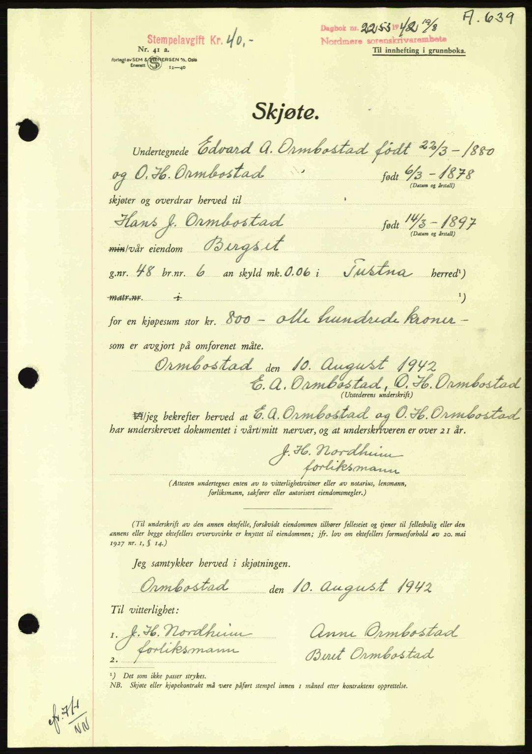 Nordmøre sorenskriveri, AV/SAT-A-4132/1/2/2Ca: Mortgage book no. A93, 1942-1942, Diary no: : 2253/1942