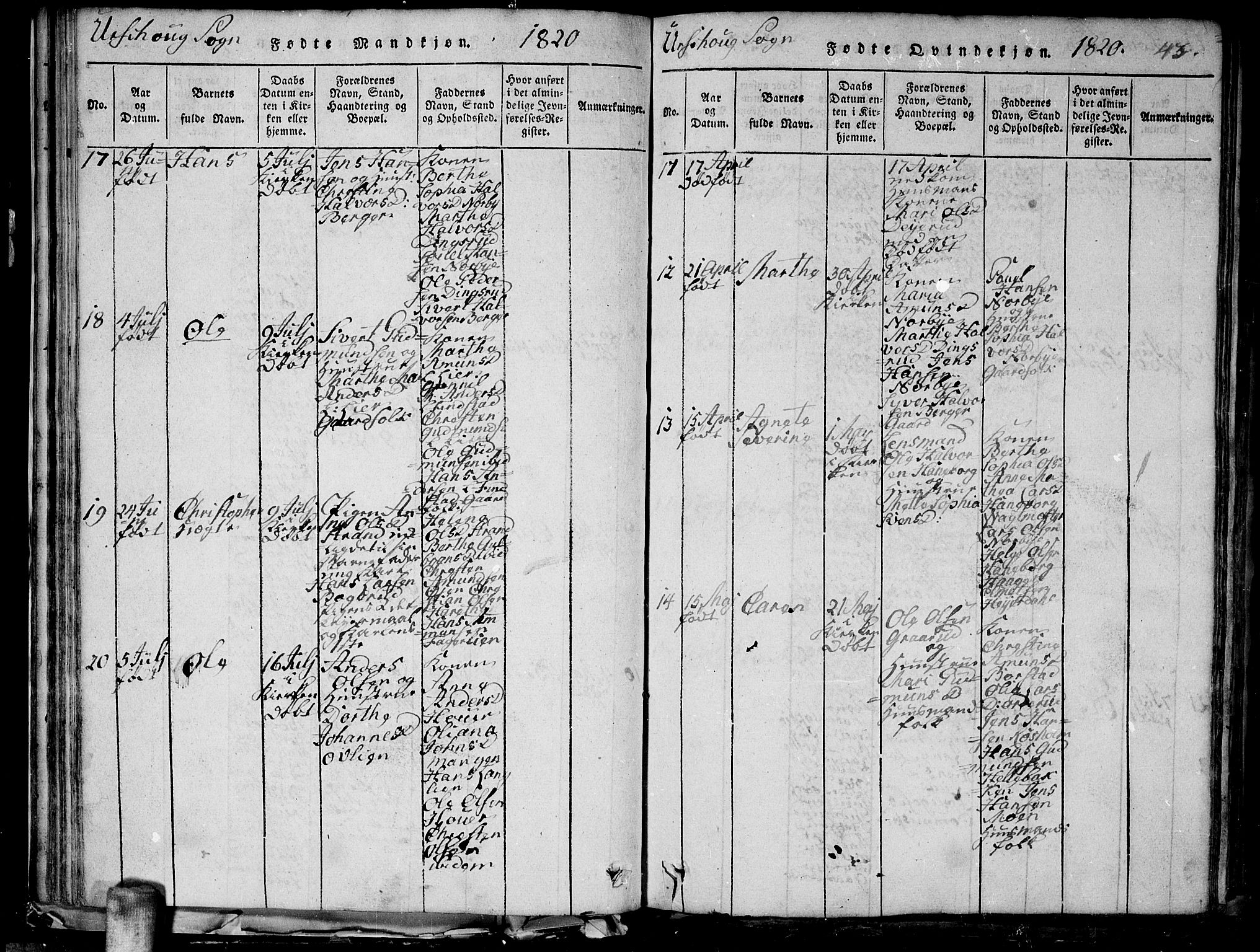 Aurskog prestekontor Kirkebøker, AV/SAO-A-10304a/G/Ga/L0001: Parish register (copy) no. I 1, 1814-1829, p. 43