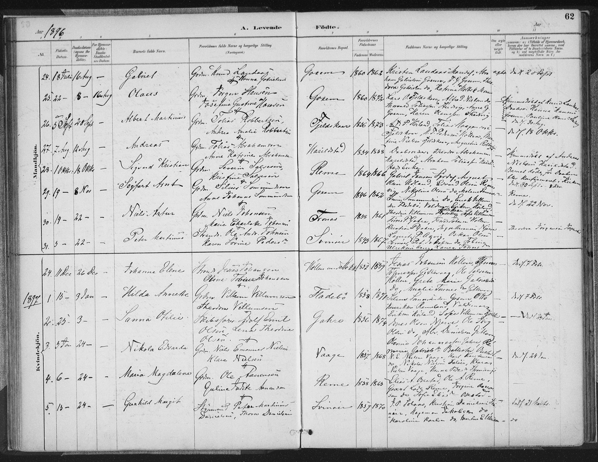 Sør-Audnedal sokneprestkontor, AV/SAK-1111-0039/F/Fa/Faa/L0004: Parish register (official) no. A 4, 1884-1909, p. 62