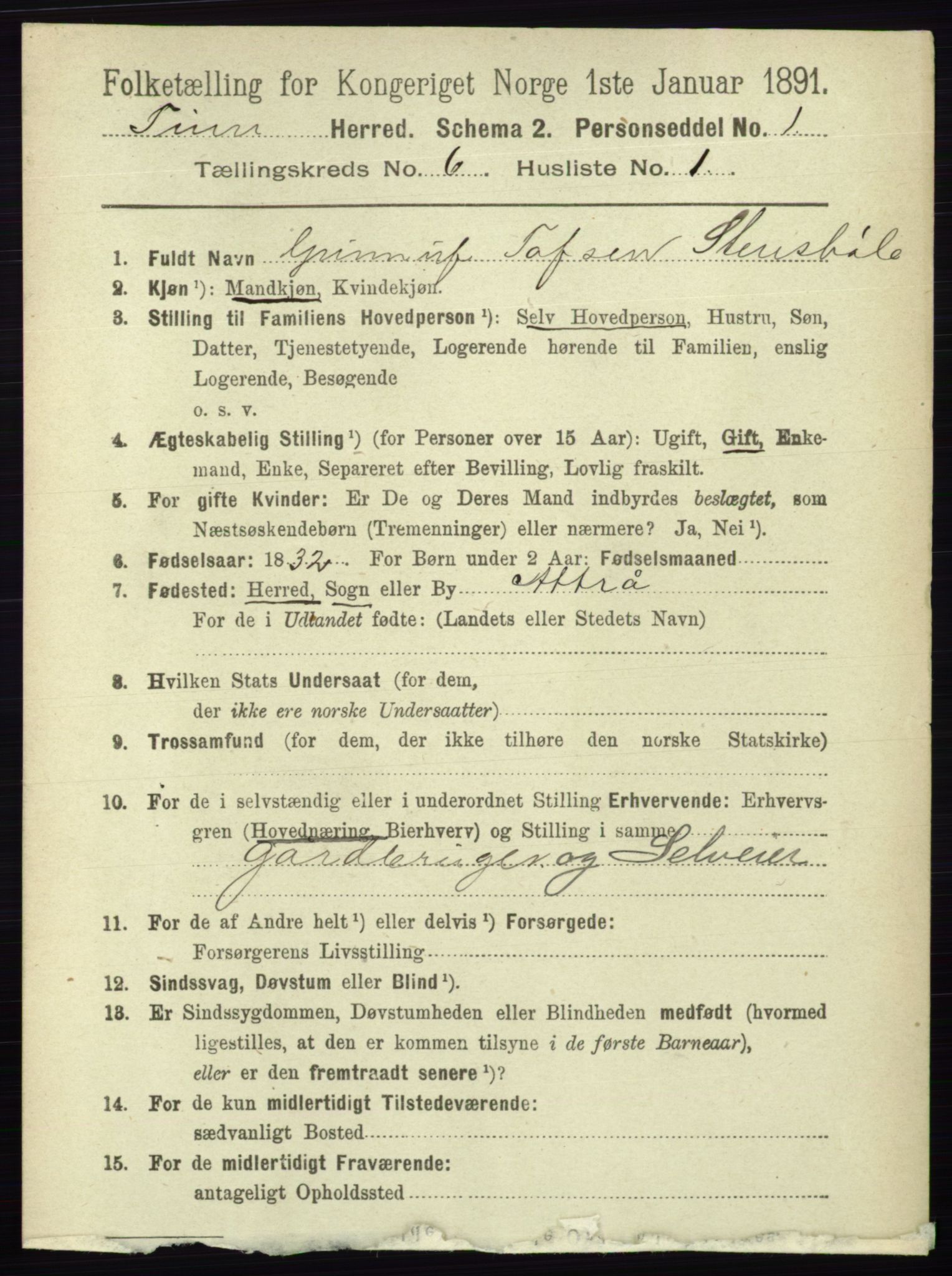 RA, 1891 census for 0826 Tinn, 1891, p. 1192