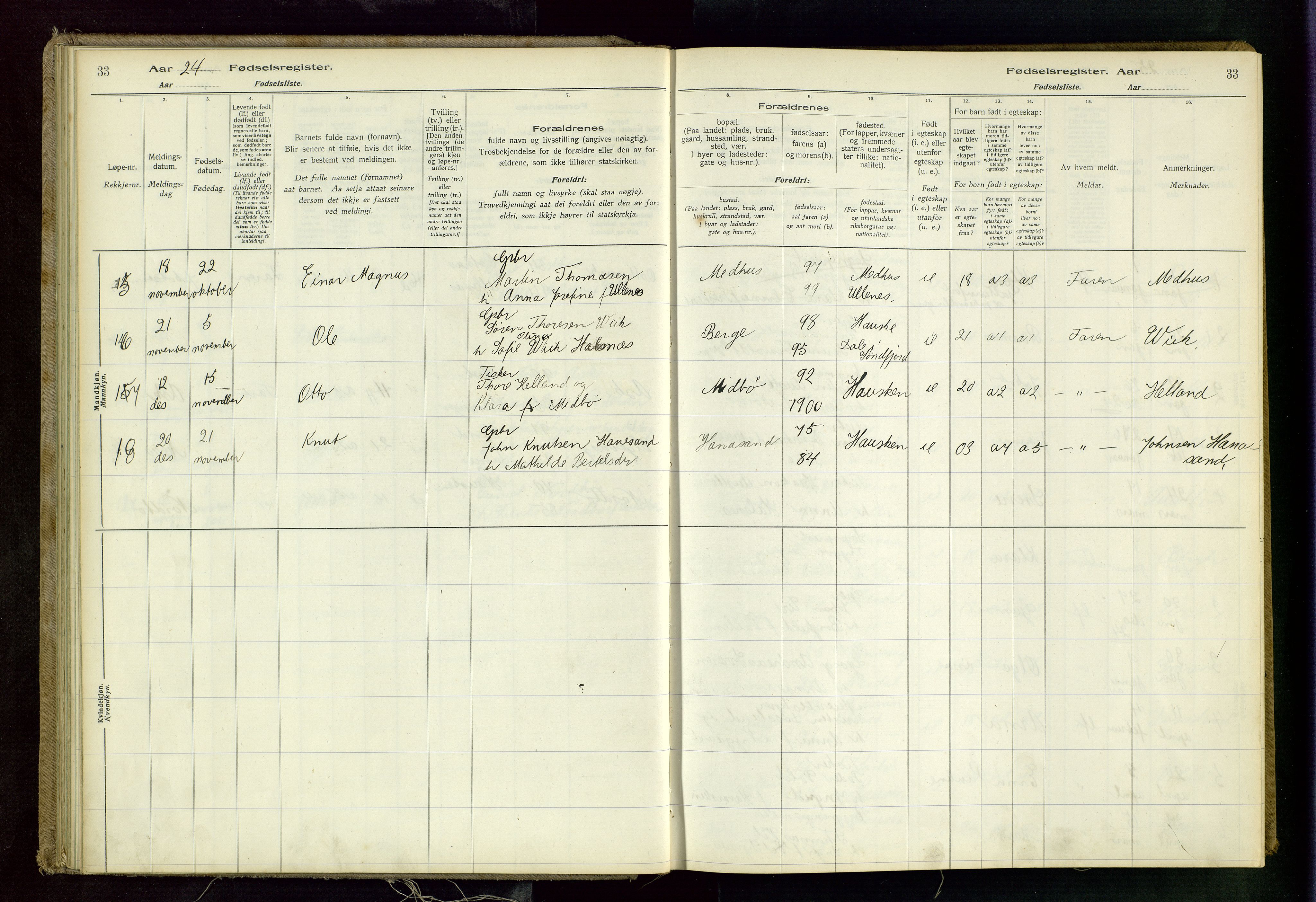 Rennesøy sokneprestkontor, AV/SAST-A -101827/I/Id/L0001: Birth register no. 1, 1916-1982, p. 33