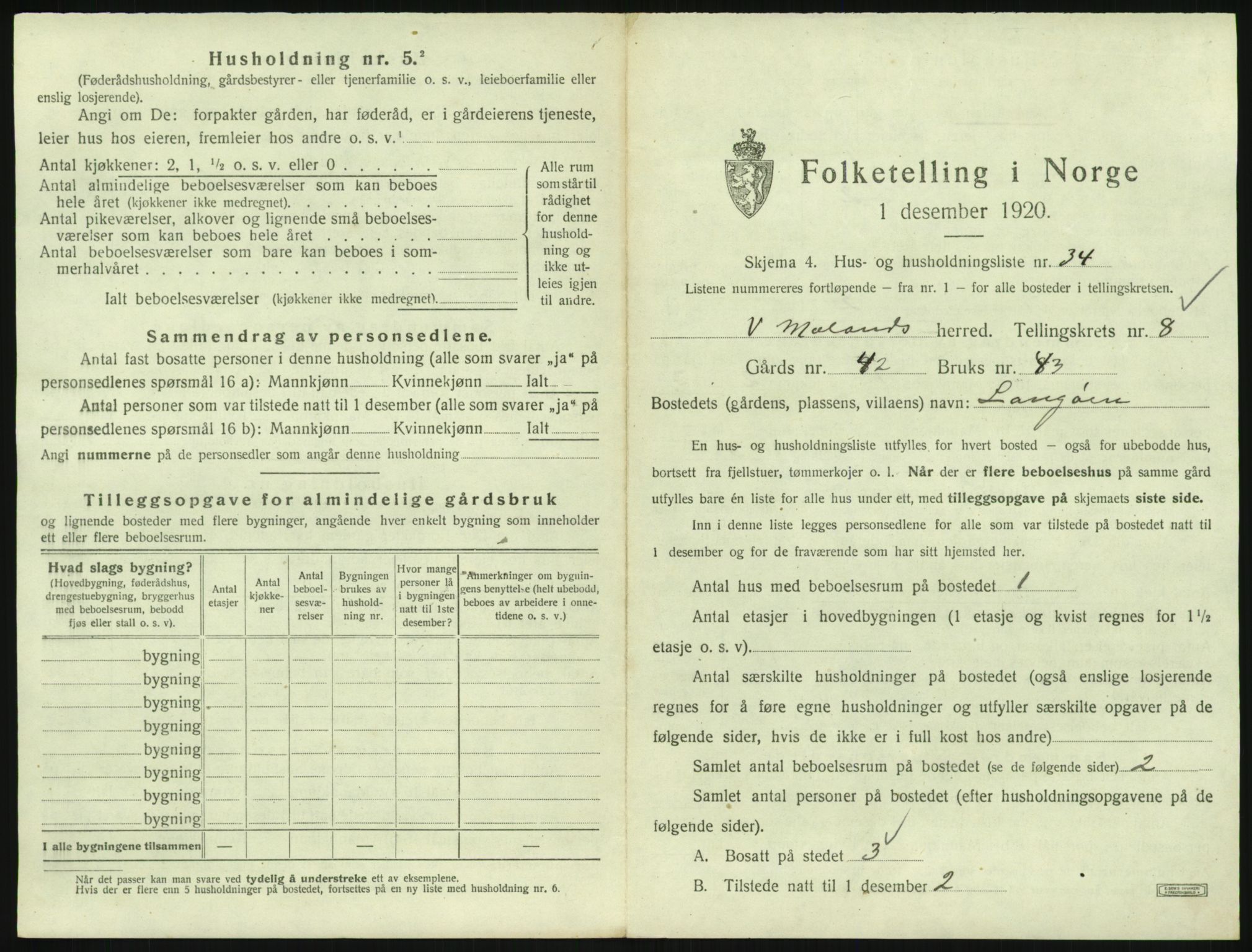 SAK, 1920 census for Vestre Moland, 1920, p. 1019